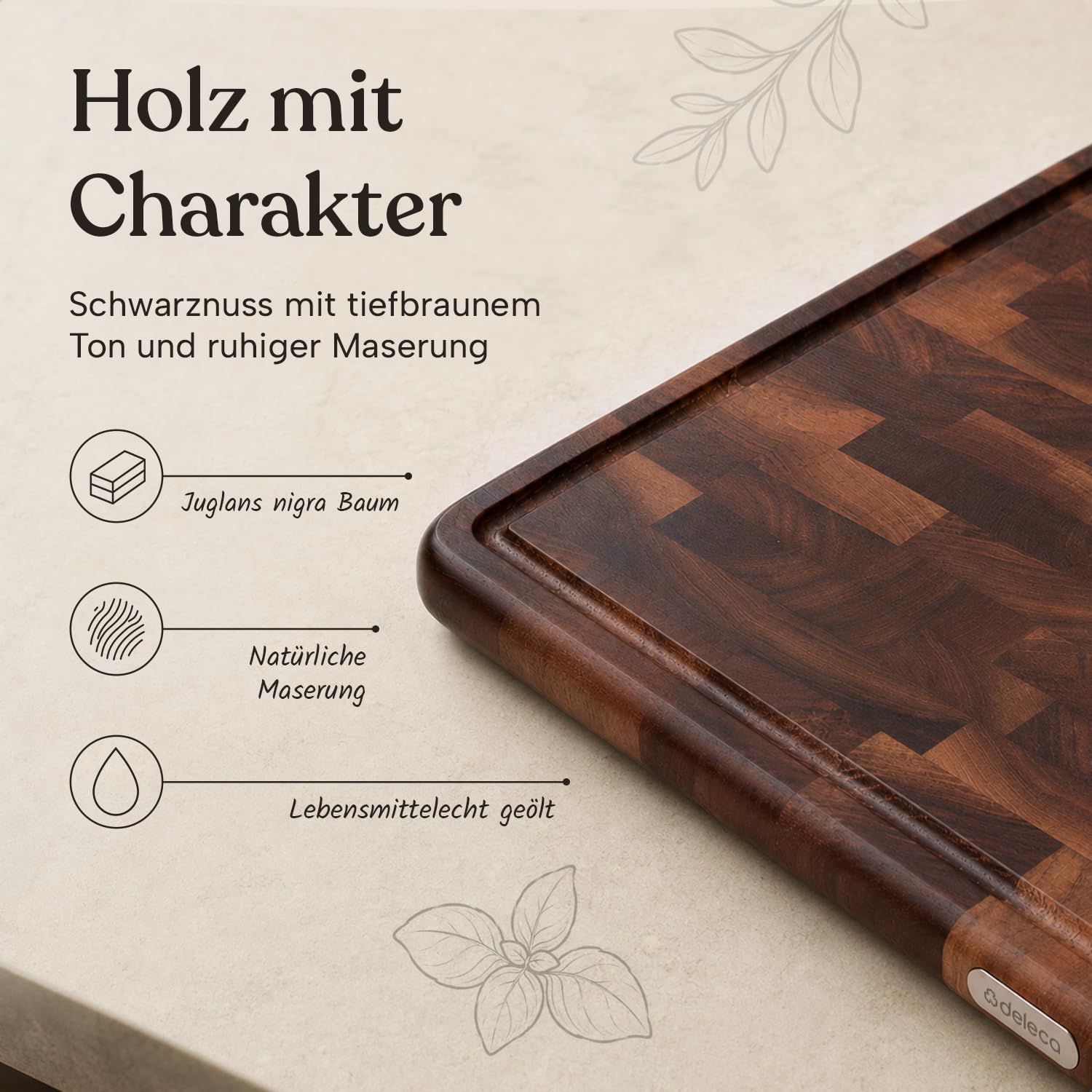 Schneidebrett Walnussholz 43x33x3 cm Stirnholz Hackblock | Tiefe Saftrille, Rutschfeste Füße, Lebensmittelechtes Öl, Nur Handwäsche, Servierbrett