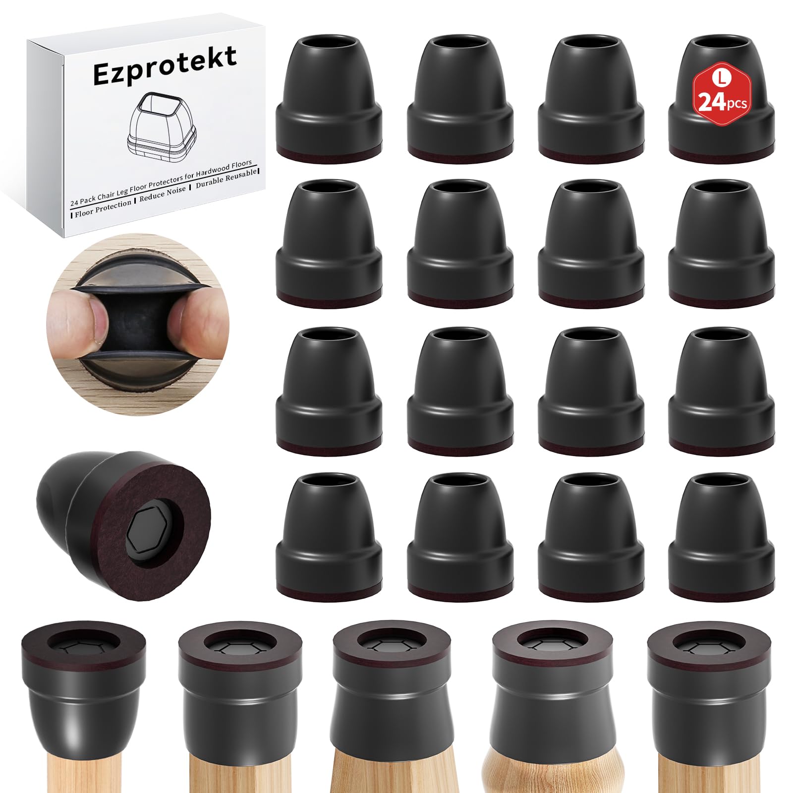 Ezprotekt Chair Leg Covers, 24 PCS 1" Black Silicone Chair Leg Floor Protectors with Wrapped Felt, Rubber Chair Leg Caps