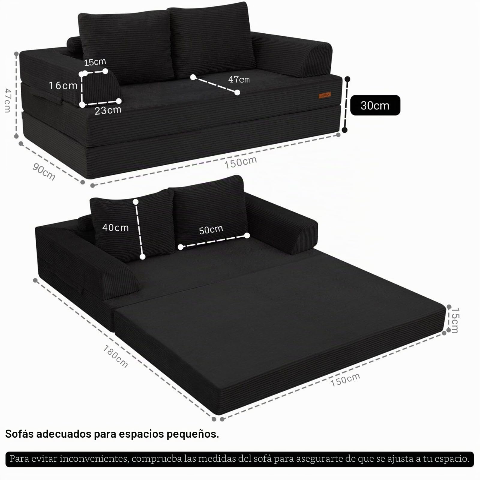 MeMoreCool Sofá cama convertible, sofá plegable sin huesos con funda de pana, colchón plegable con almohadas, cómodo sofá de espuma para sala de estar, dormitorio, habitación de invitados, color negro