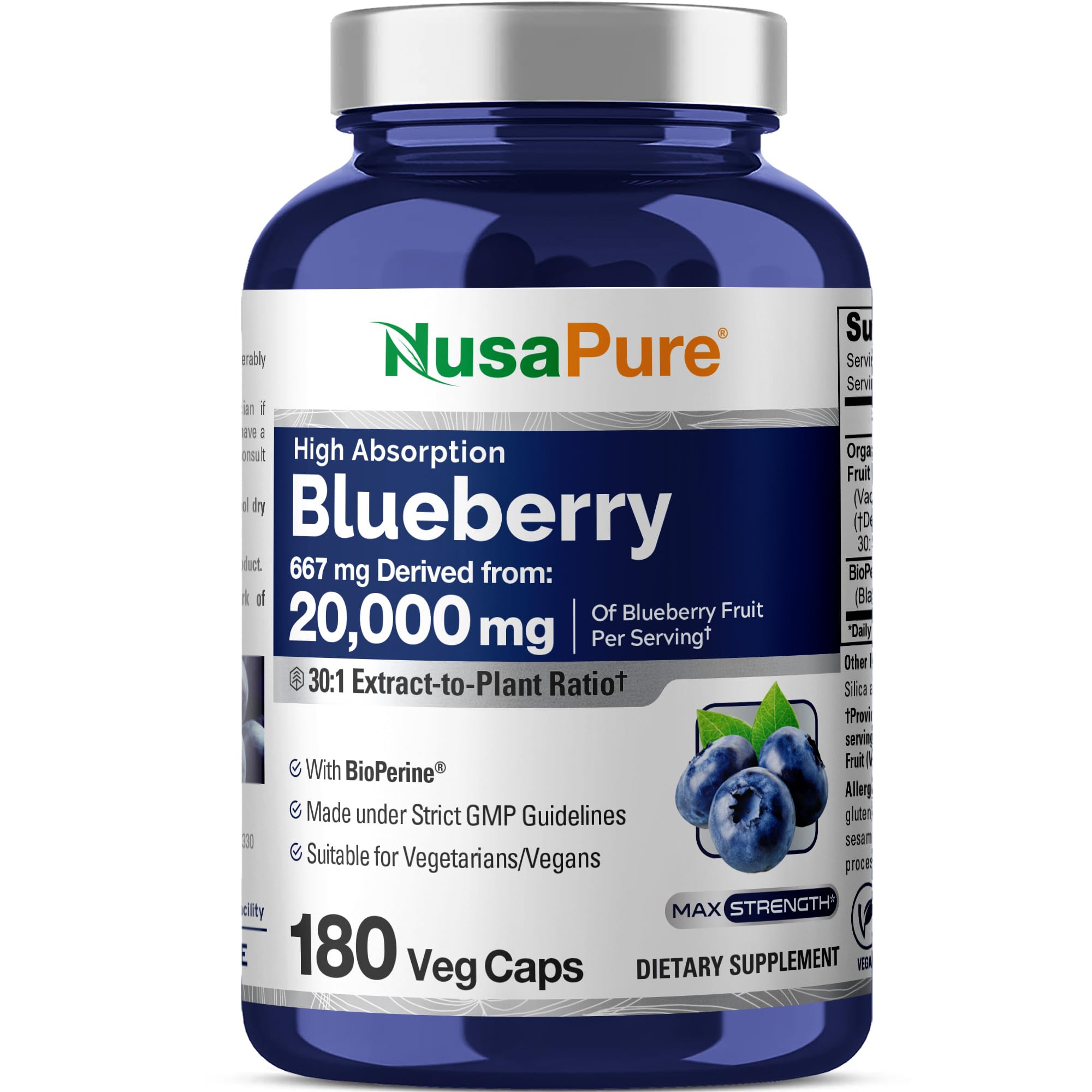 NusaPure Blueberry Concentrate 20,000mg - 180 Veggie Powder caps (Extract 30:1, 100% Vegetarian, Non-GMO)