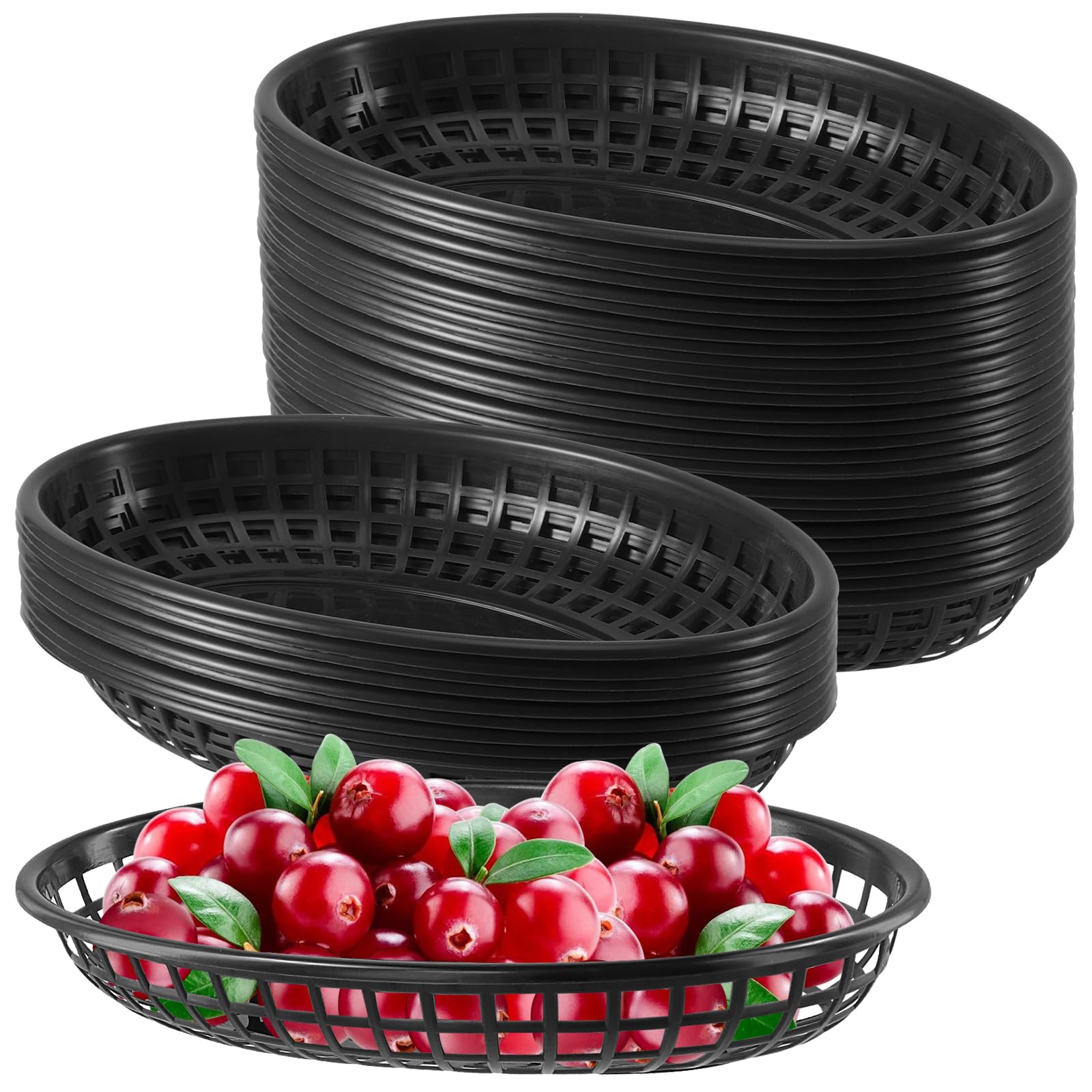 Soujap Black 40 Pcs Fast Food Baskets, Plastic Oval Burger Basket For Fruit, Hot Dogs, Sandwiches, Fries, 23 X 14.5 X 4Cm