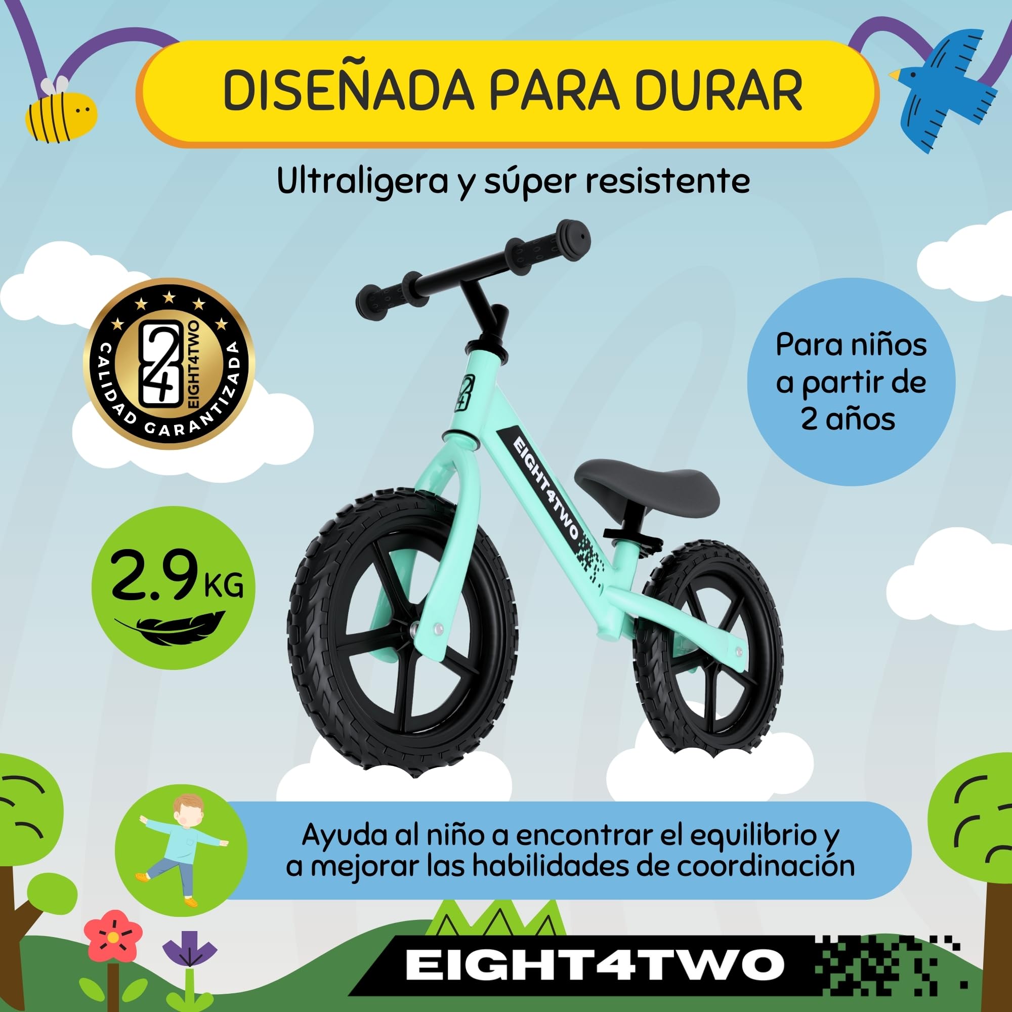 EIGHT4TWO Bicicleta sin Pedales para niño 2, 3, 4 y 5 años - Bici sin Pedales Ideal para Equilibrio - Juguetes para niños de 2, 3, 4 y 5 años.