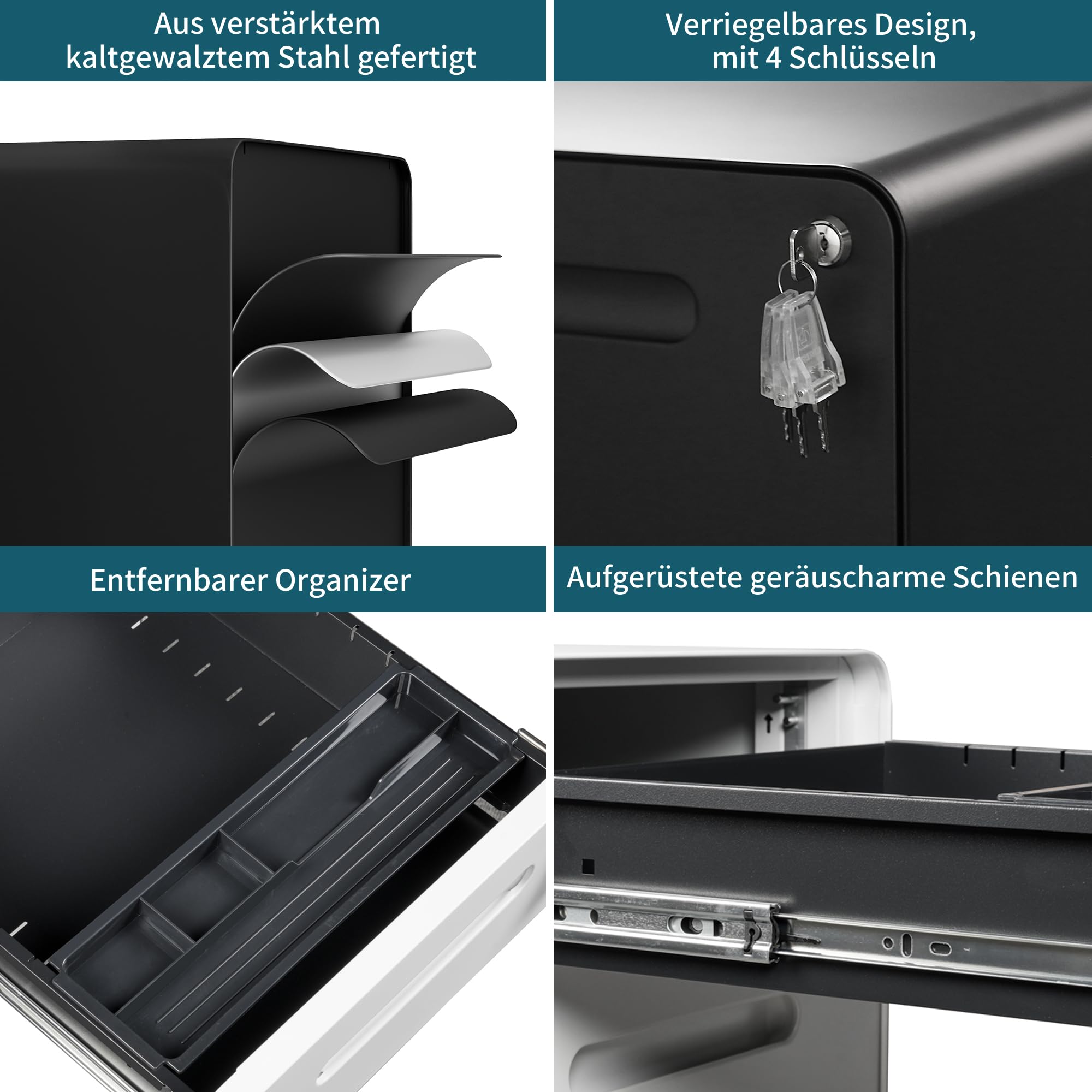 Rollcontainer mit 4 Schubladen, Aktenschrank, Abgerundetes Eckendesign, Abschließbar, 4 Schlüsseln, Schubladenschrank für Büro und Home Office, Schwarz