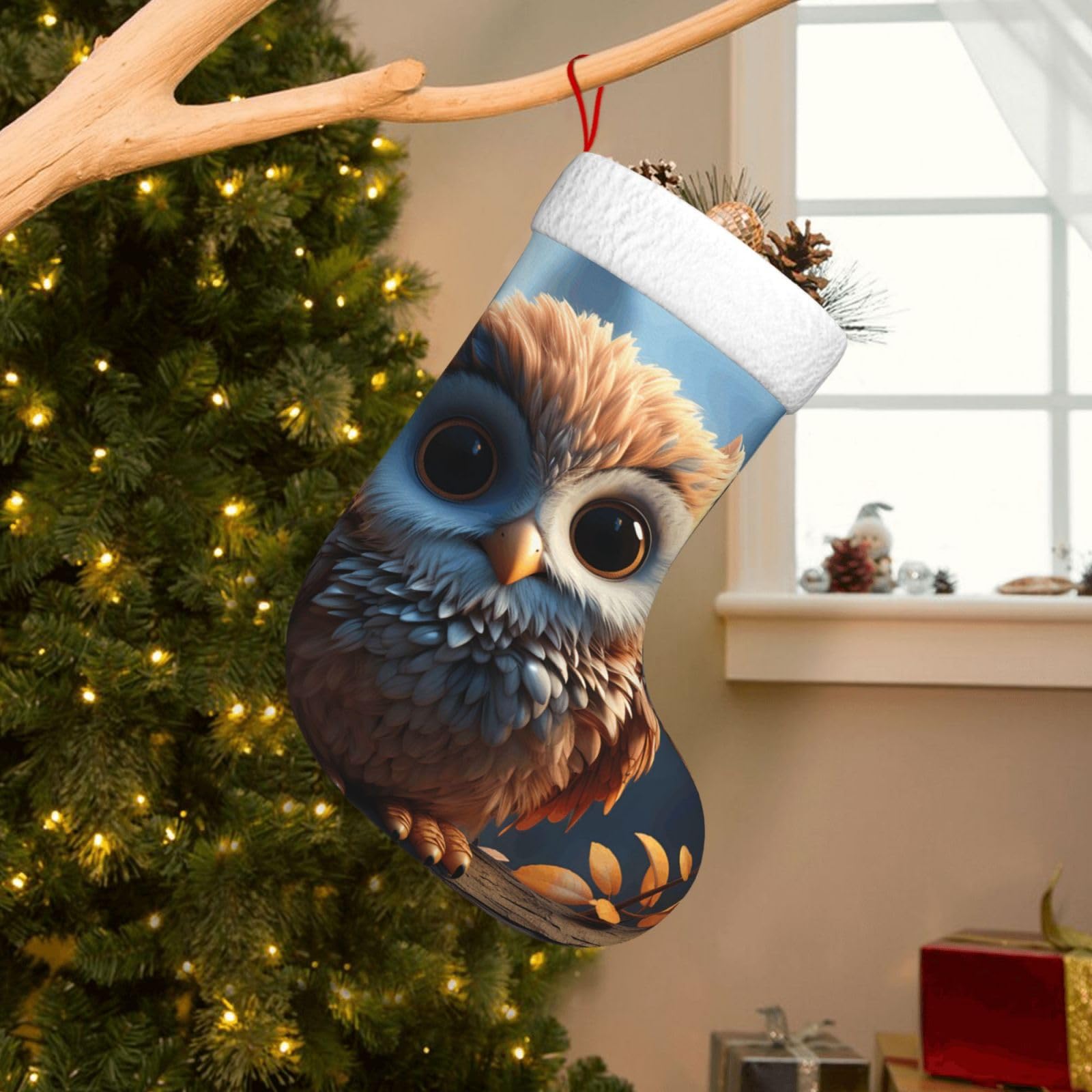 Velvet Christmas Stockings 17.7 Inch, Cute Owl Xmas Stocking with Soft Cuff,Classic Personalized Christmas Tree Decoration for Family Holiday New Year Party Supplies