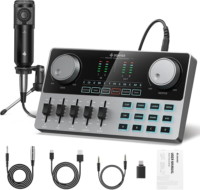 Donner Podcast Equipment Bundle, Podcast Kit Music Production Equipment with Audio Interface/Soundboard, All-in-One Podcast Kit with Condenser Microphone for PC/Phone/Pad for Streaming/Recording