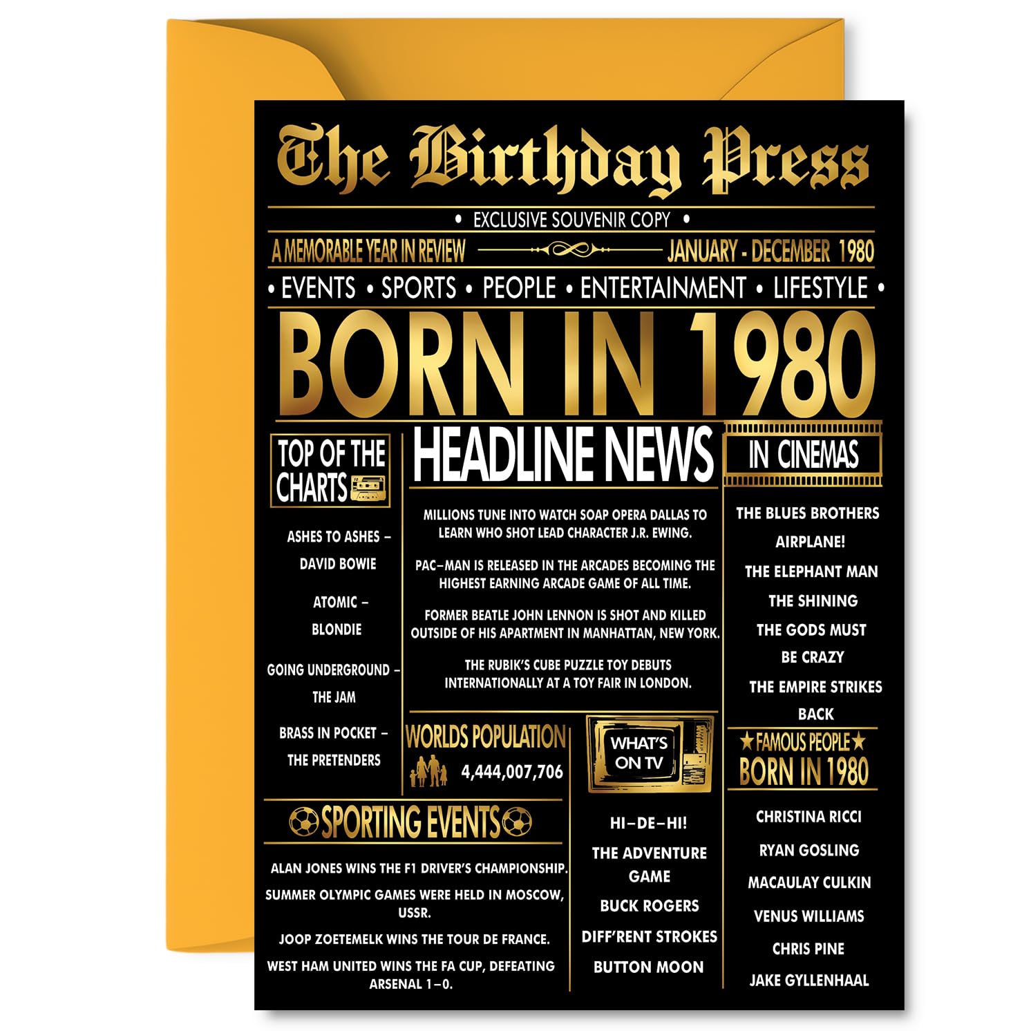 Gold 46th Birthday Card for Men Women - Black & Golden Newspaper Born in 1980 - Happy 46 Birthday Cards for Son Neighbour Cousin Daughter Wife Dad, 5x7 Inch Bday Greeting Cards