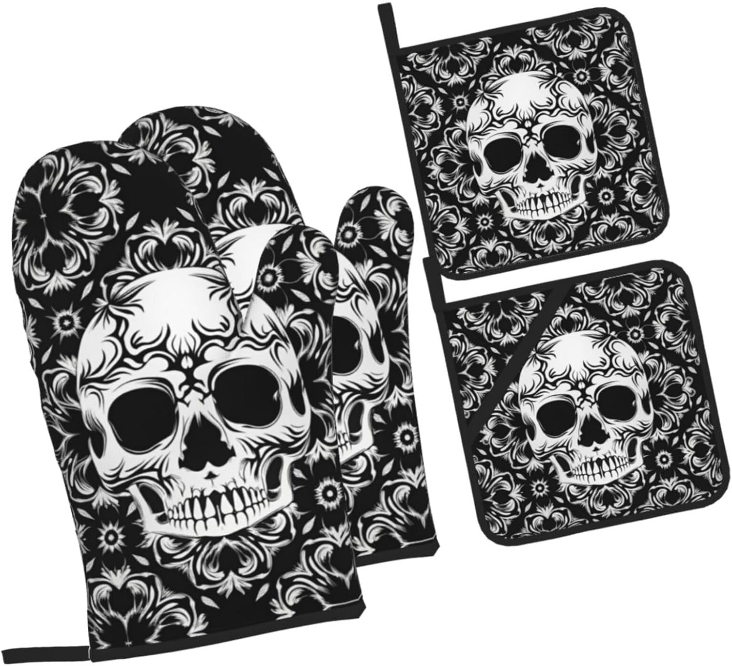 Gothic Skull Flower Halloween Oven Mitts and Pot Holders Sets of 4, Heat-Resistant Hot Pads Non-Slip BBQ Gloves for Kitchen Baking Cooking Grilling