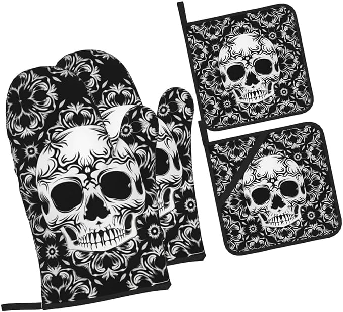 Gothic Skull Flower Halloween Oven Mitts and Pot Holders Sets of 4, Heat-Resistant Hot Pads Non-Slip BBQ Gloves for Kitchen Baking Cooking Grilling