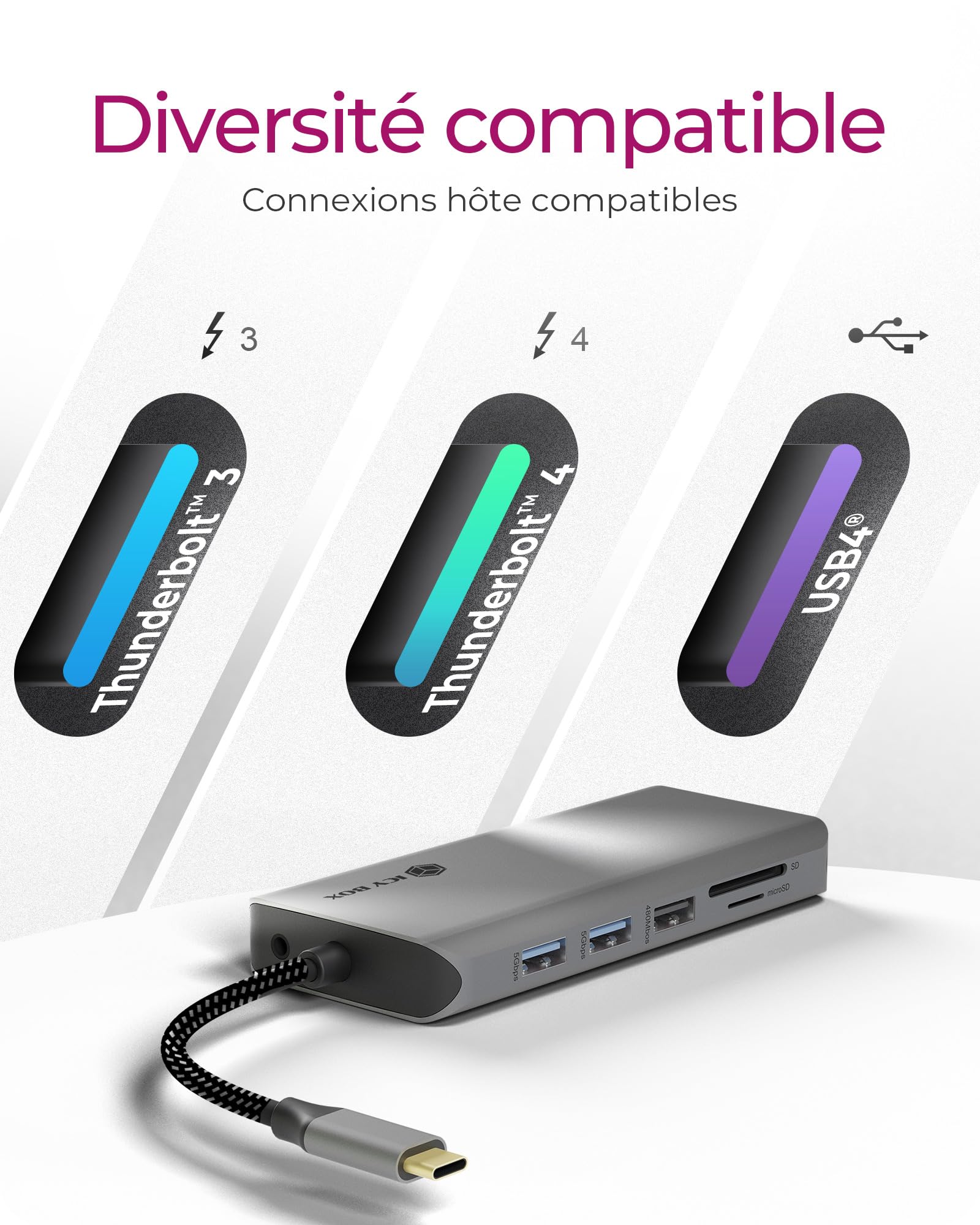 ICY BOX Station d'accueil USB-C (12-en-1) pour 2 moniteurs (2X HDMI), 4K 60Hz, hub USB 3.0 à 5 ports, alimentation de 100 W, Ethernet Gigabit, lecteur de carte SD, IB-DK4061-CPD