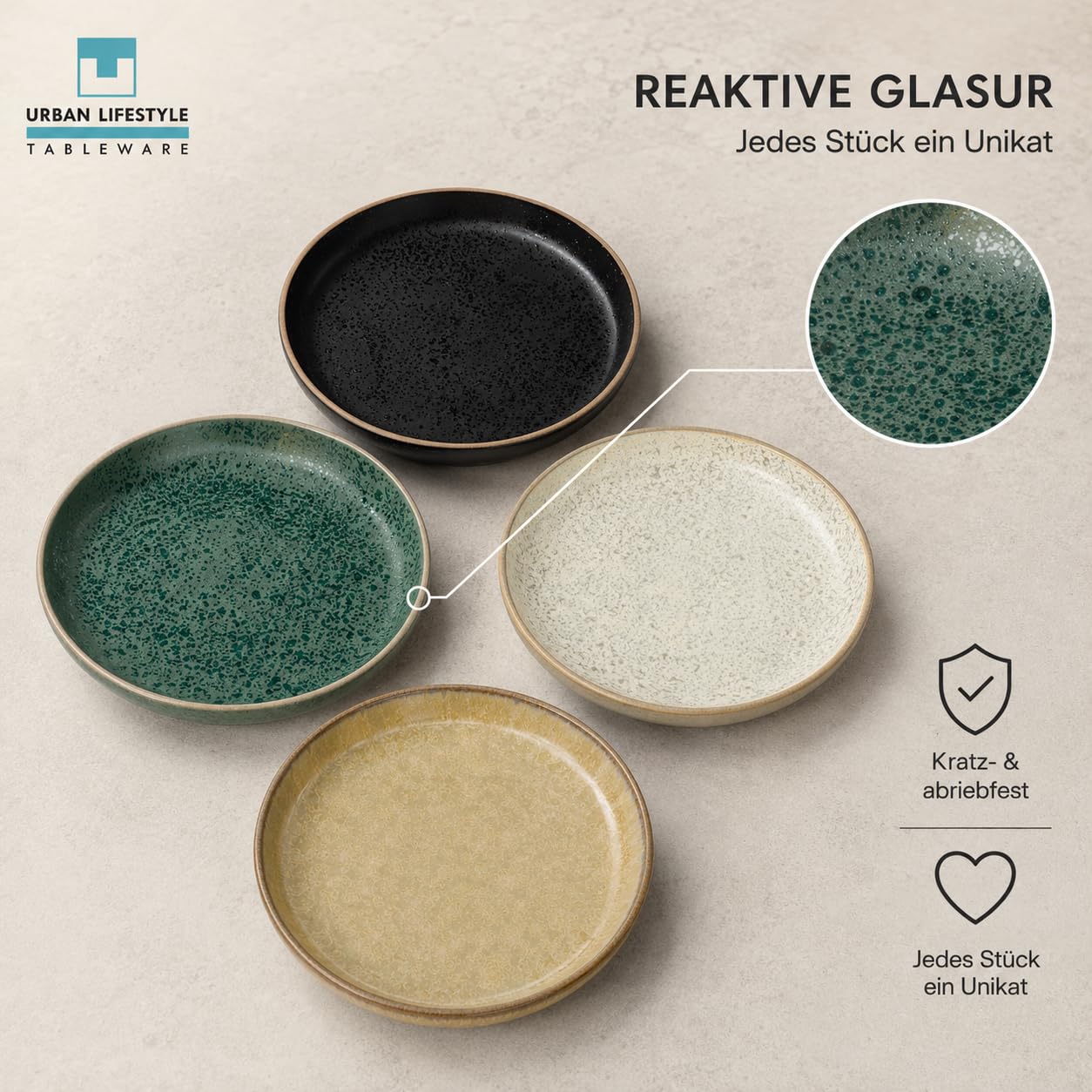 Urban Lifestyle Set Piatti Dessert 4 Pezzi Ø 15 cm in Gres Ronda, Piatti Piccoli Moderni e Colorati (4 Colori), Smalto Reattivo, Piatto Microonde e Lavastoviglie, Resistenti ai Graffi