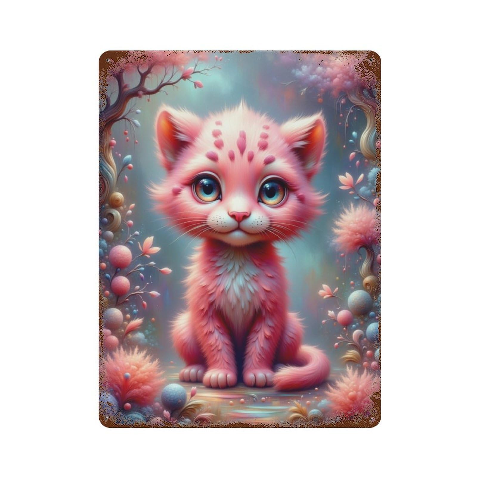 Magical Pink Kitten Fantasy 15.7"x11.8" Distressed Metal Wall Sign, Shabby Chic Decor for Shed, Workshop And Garage Wall Decor