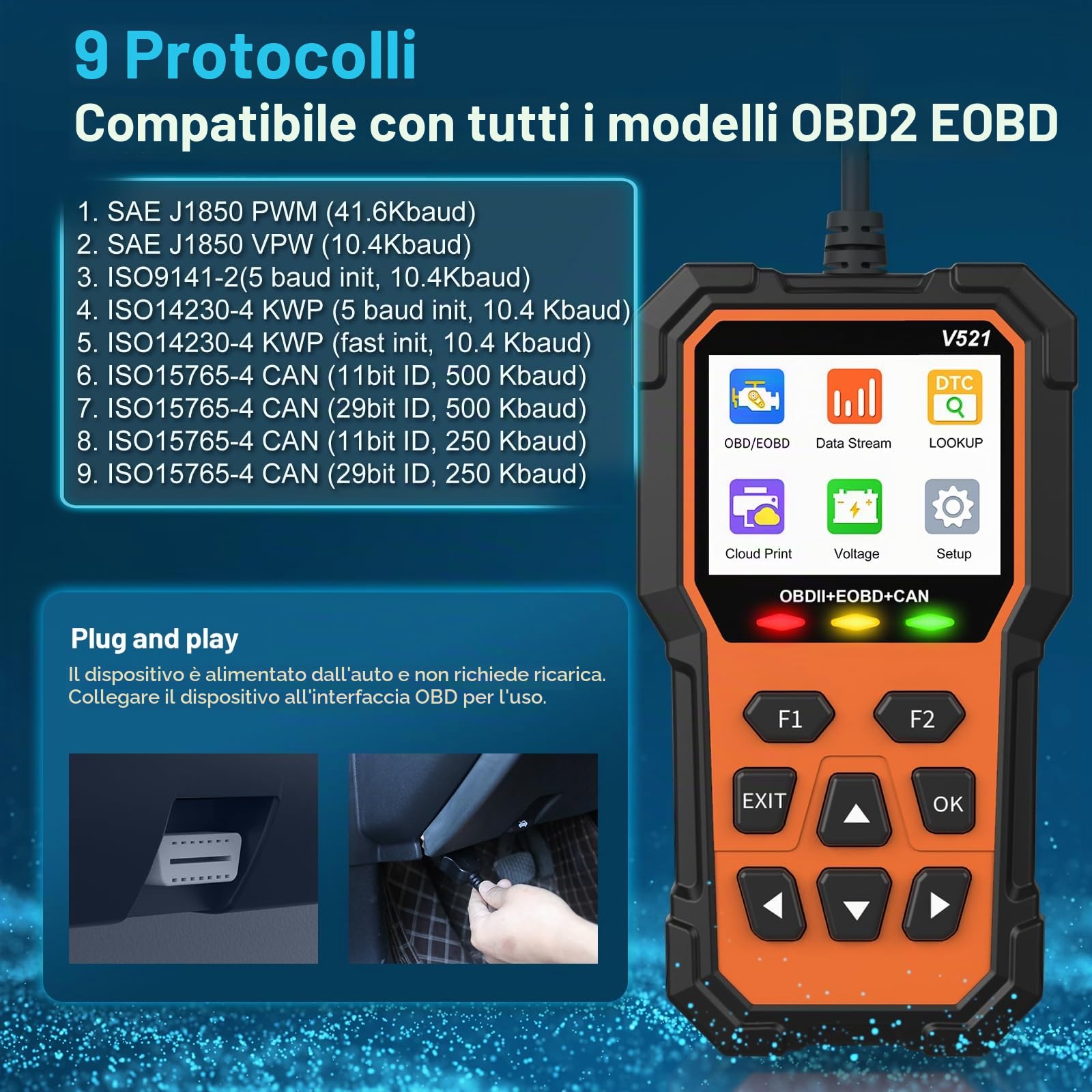 D-Lumina V521 OBD2 Diagnosi Auto, Spia Motore di Controllo, Lettore di Codici, Cancellazione Codici di Errore, Ricerca DTC, Dati in Tempo Reale, Compatibile con i Protocolli OBDII