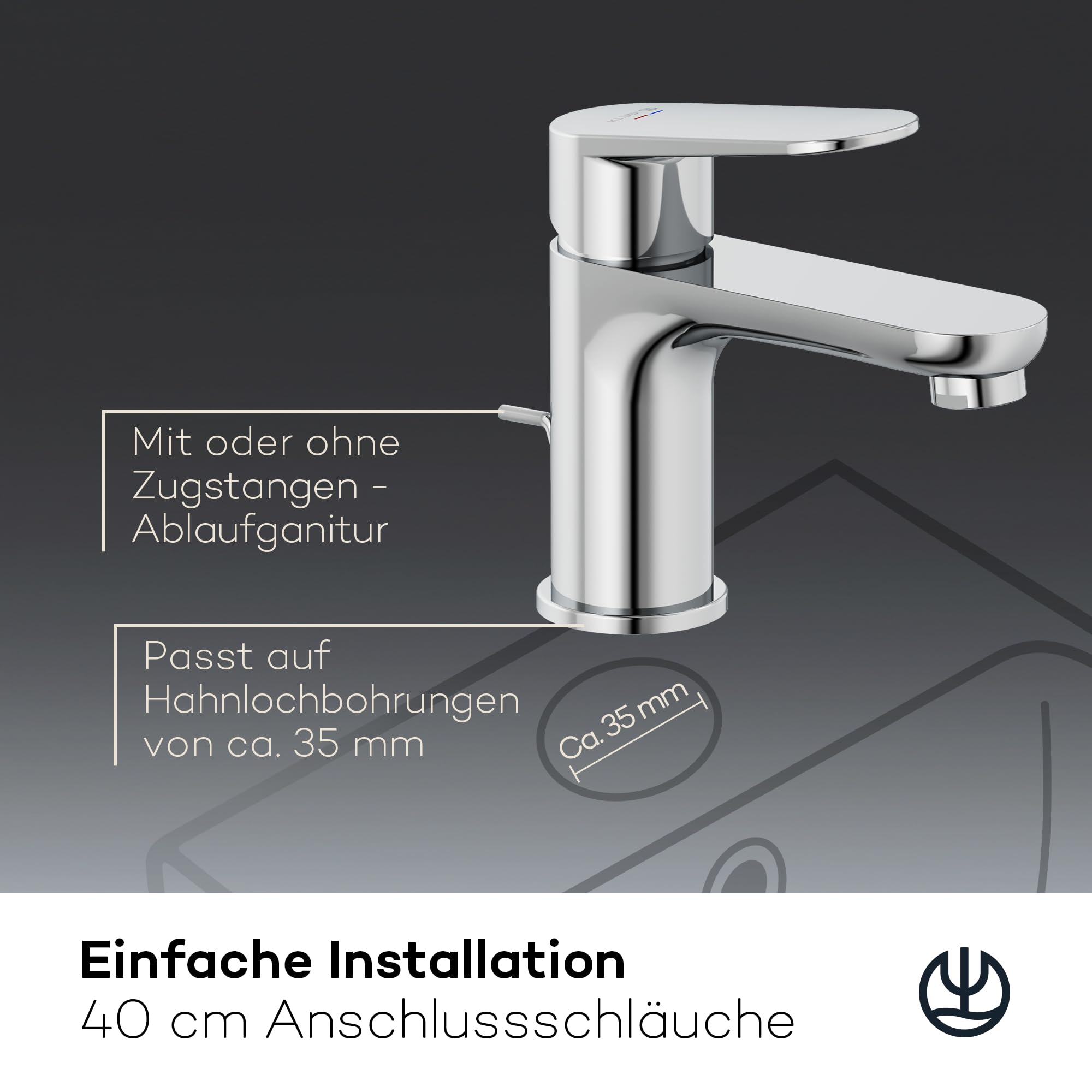 KLUDI-X1 Wasserhahn Bad mit Zugstangen-Ablauf, Auslaufhöhe 75 mm, wassersparende Waschtischarmatur Größe S, Keramikkartusche, Mischbatterie Waschbecken inkl. Anschlussschläuche in Chrom