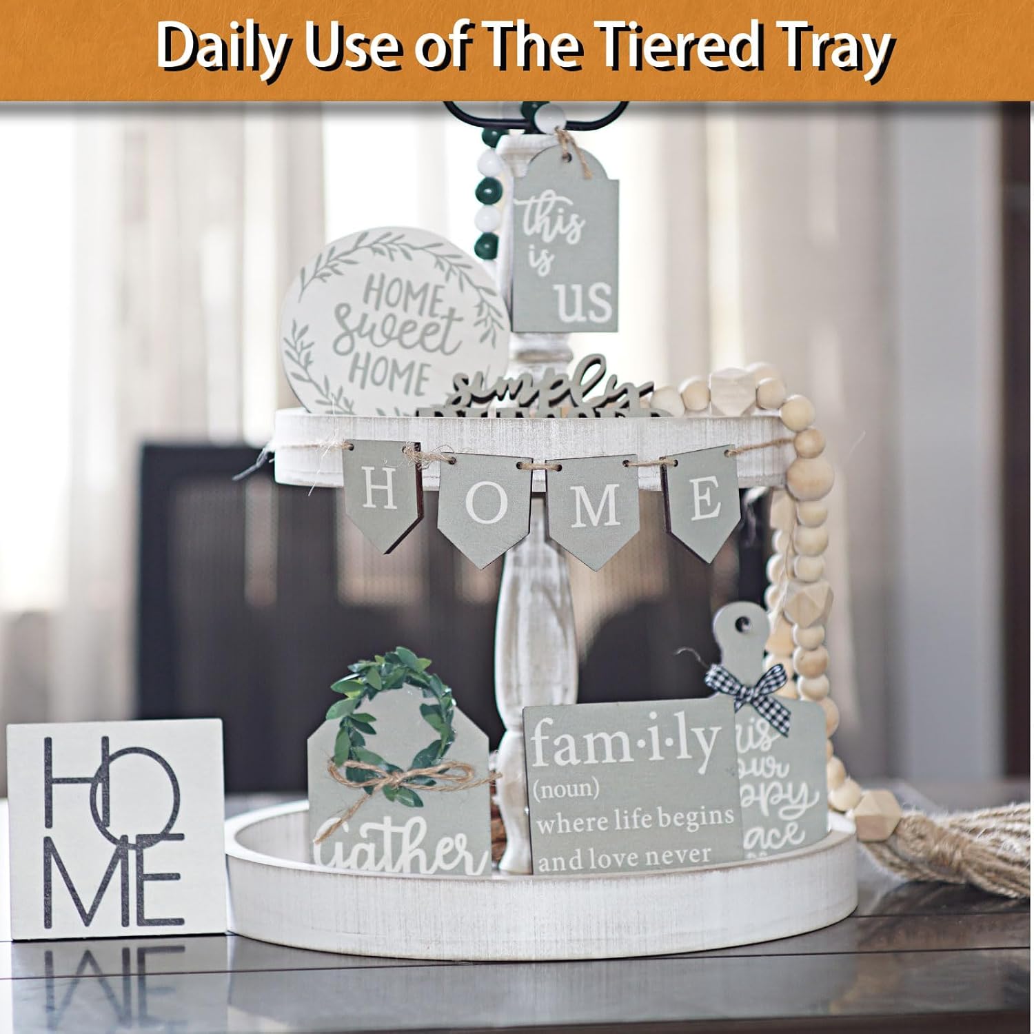 Krismax Decorative Trays-Two Tiered Tray Stand Rustic Decor Farmhouse 2 Tiered Tray Serving Tray Seasonal & Holiday Decoration Wooden Tray