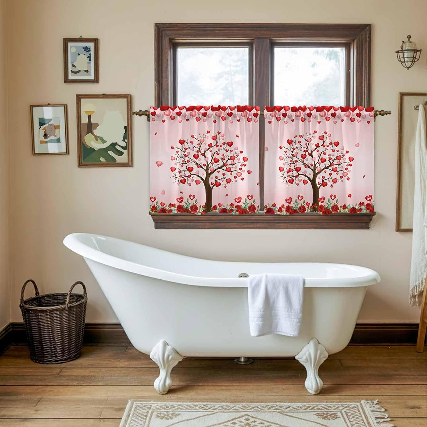 Valentine's Day Kitchen Tier Curtains 36 Inch Long 2 Panel Set,Rod Pocket Half Window Curtains Over Sink,Pink Romantic Red Love Trees Roses Light Filtering Short Drapes for Bathroom Cafe 27.5"W x 36"L
