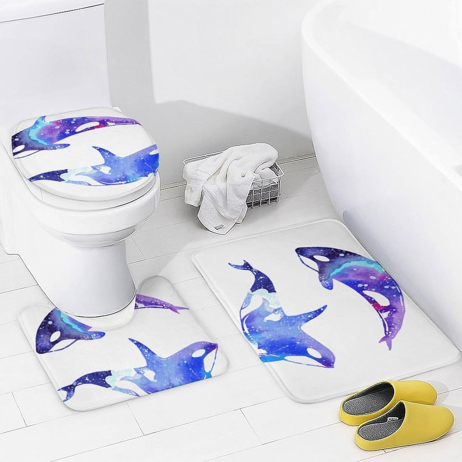 Orca Killer Whale Shower Curtain Set 4 Piece, Non-Slip Bath Mat with Toilet Lid Cover and Waterproof Shower Curtain with 12 Hooks, Complete Bathroom Set for Home Decor