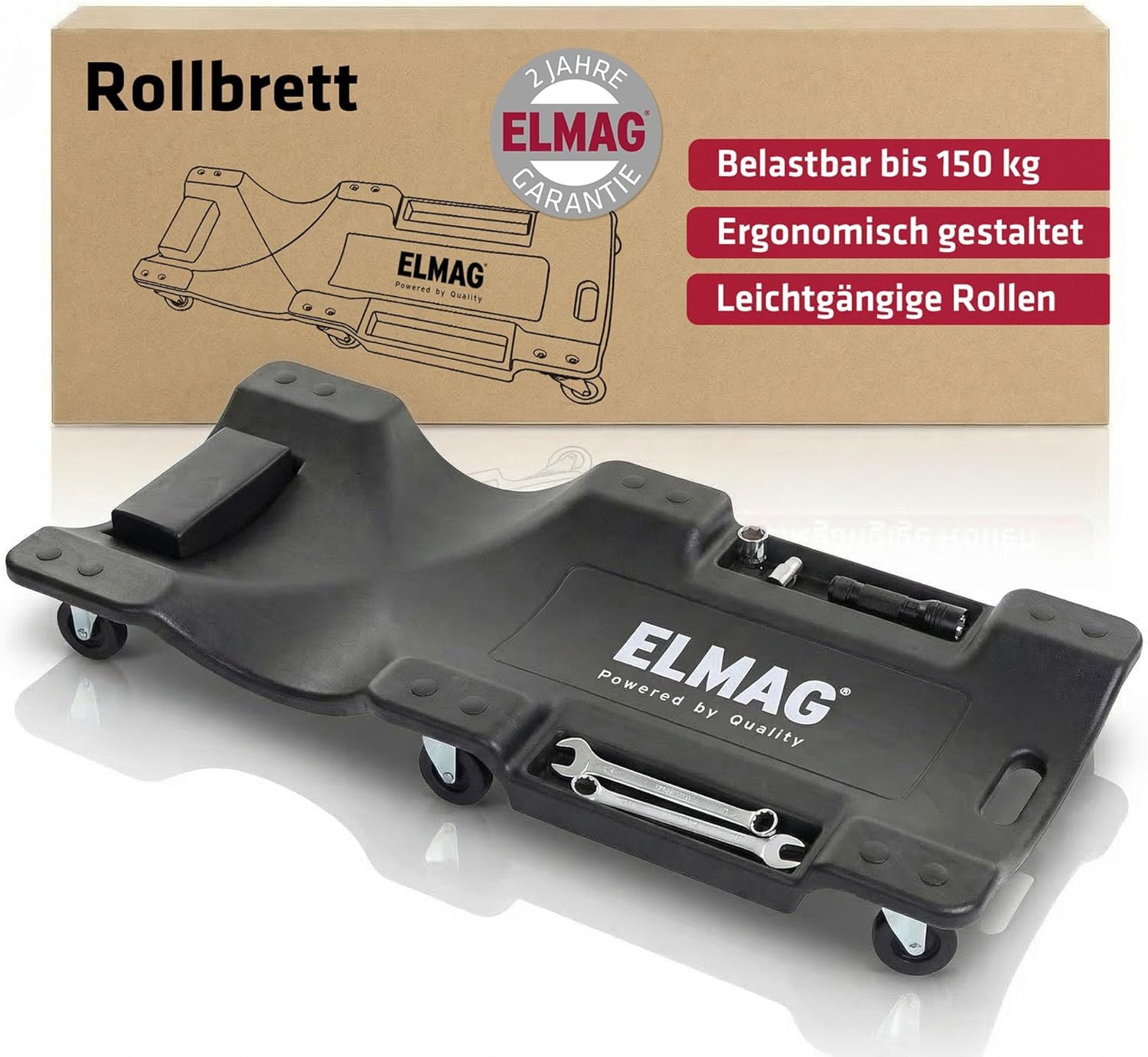 ELMAG Rollbrett Werkstatt 104 x 49 x 9 cm – Rollbrett als Montagerollbrett mit ergonomischem Design, gepolsterter Kopfstütze und Rollen – Werkstattliege mit Werkzeugablage – Bis 150 kg belastbar