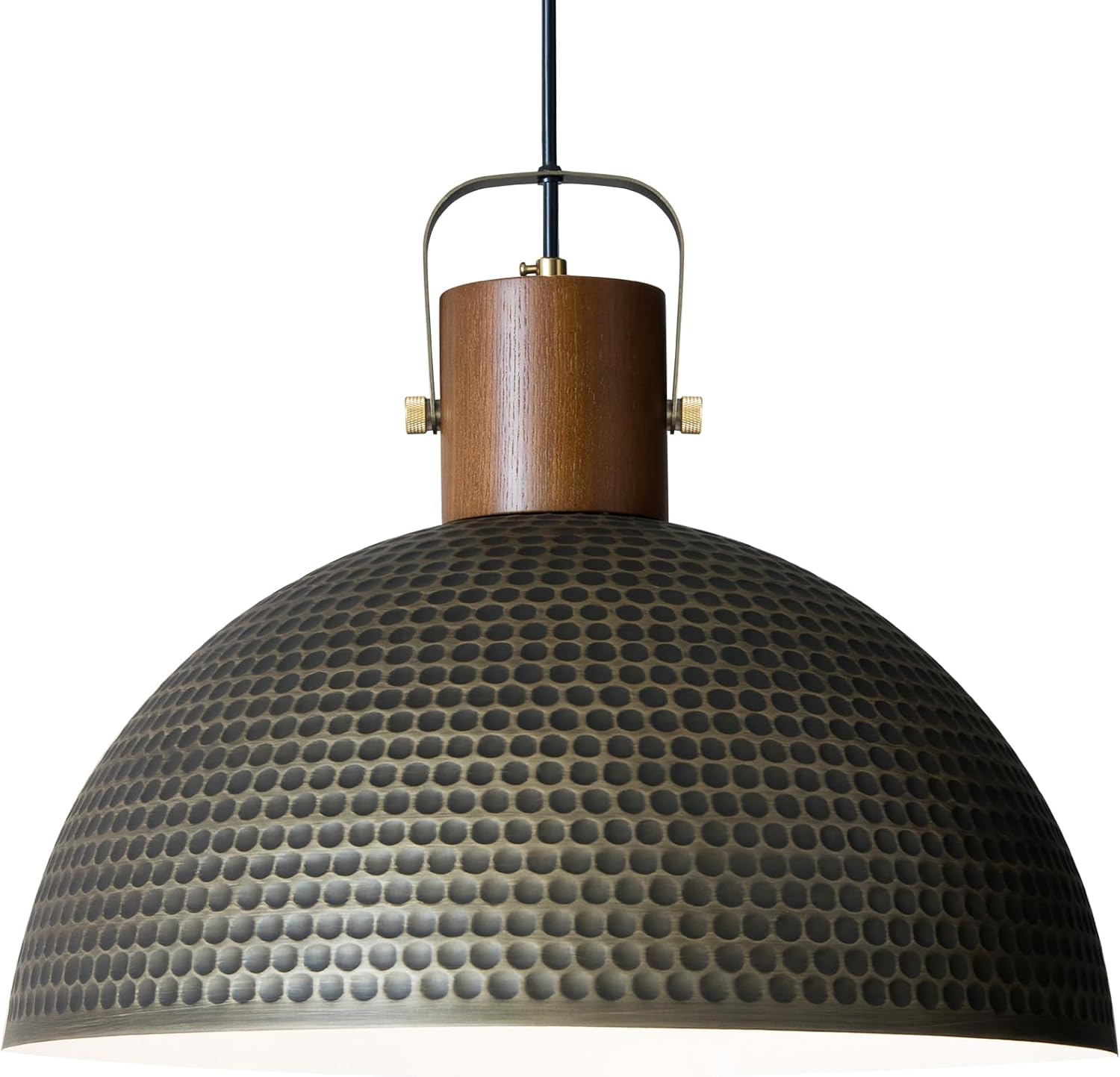 Large Pendant Light Fixtures, 15.7 Inch Vintage Wood Dome Chandelier Lamp, Hammered Matte Brushed Metal Pendant Lamp, Mid Century Gold Ceiling Hanging Light for Dining Room, Living Room Kitchen Island