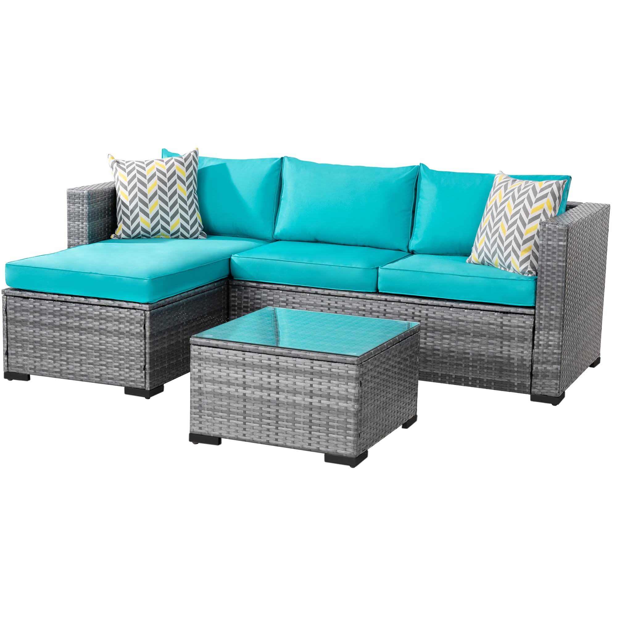 ShintenchiPatio Furniture Sets 3 Pieces Outdoor Sectional Sofa Silver All-Weather Rattan Wicker Sofa Small Patio Conversation Couch with Washable Cushion and Glass Table (Blue)