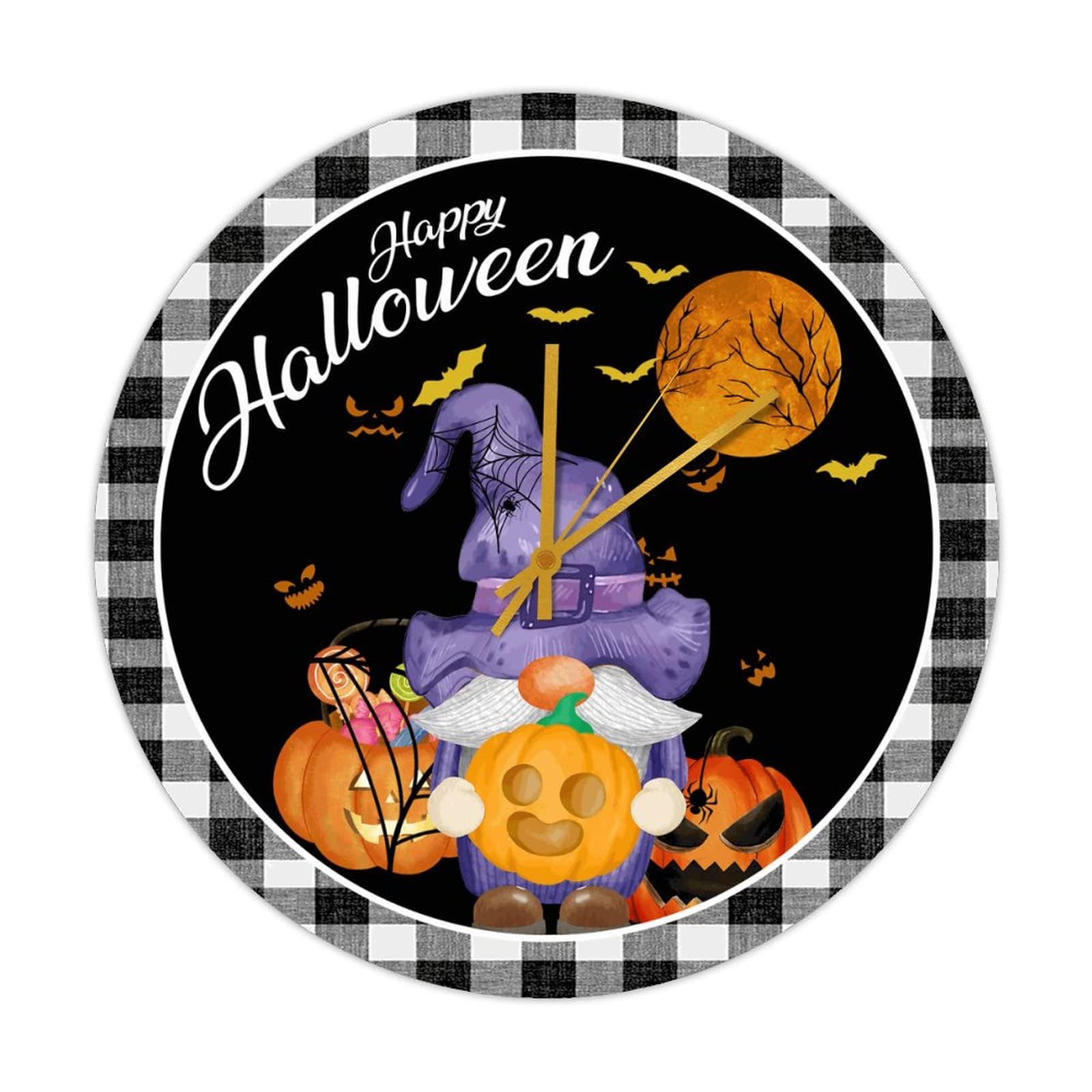 Horloge murale gnome d'Halloween ronde en bois de ferme automnale