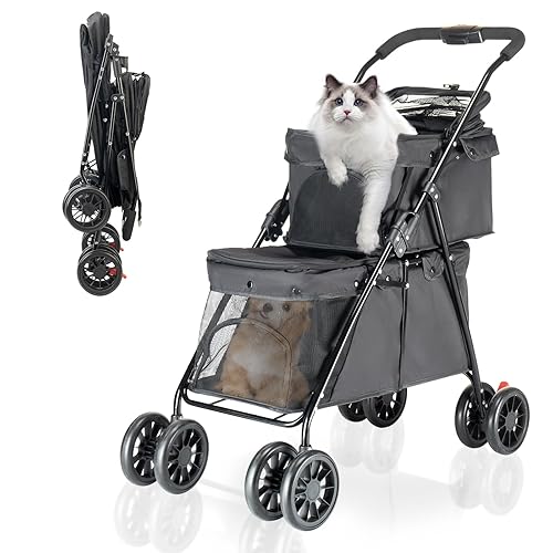 Miniatura 9 de Cochecito doble para mascotas para perros y gatos medianos y pequeños con 2 carros, ruedas universales duraderas con frenos, ligero, plegable