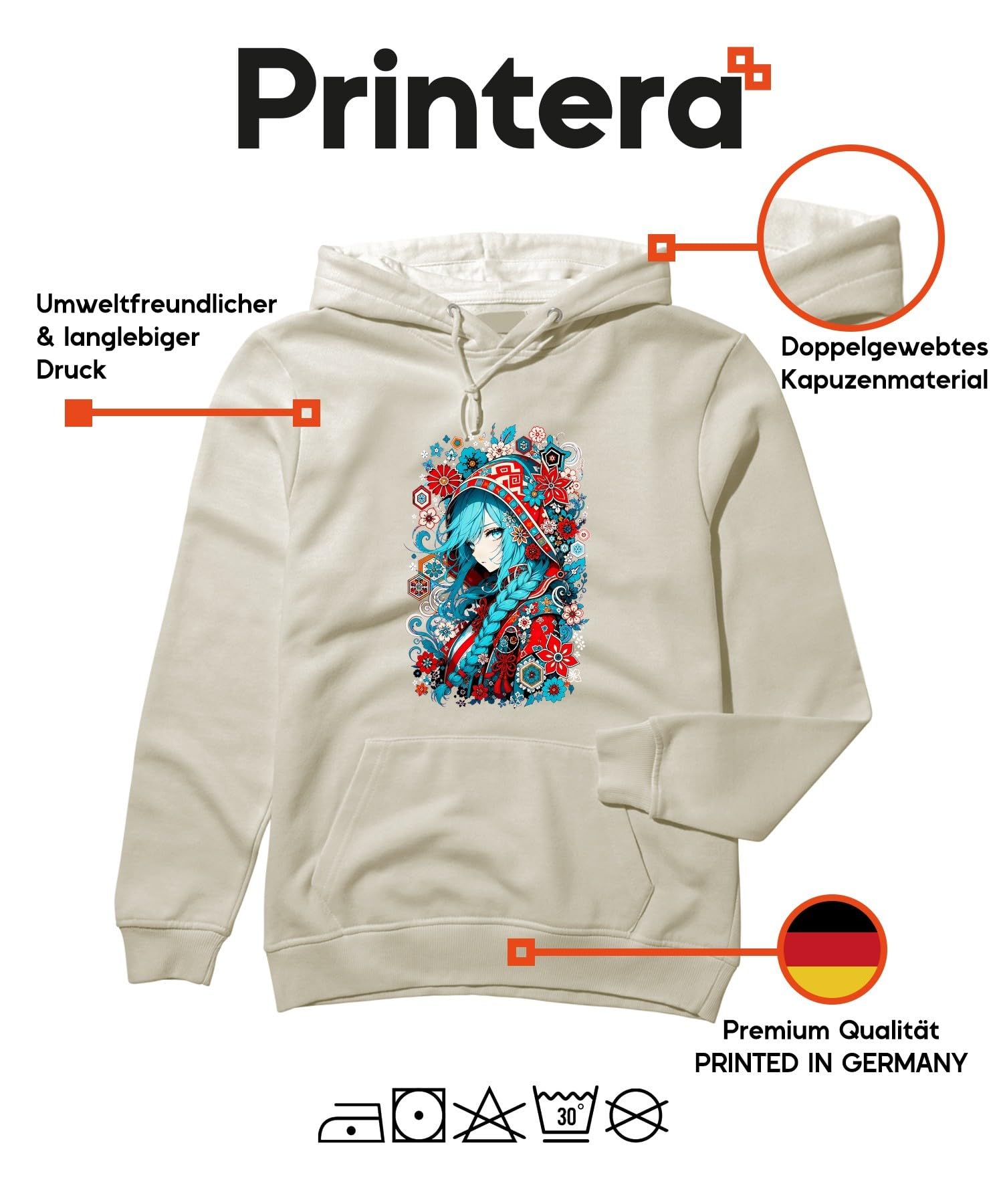 Anime dziewczęca niebieskie włosy Japonia Y2K bluza z kapturem, natura, M | Aesthetic warkocz kwiaty tradycyjny Cosplay fantazja prezent dla geek kolorowy portret folkloru