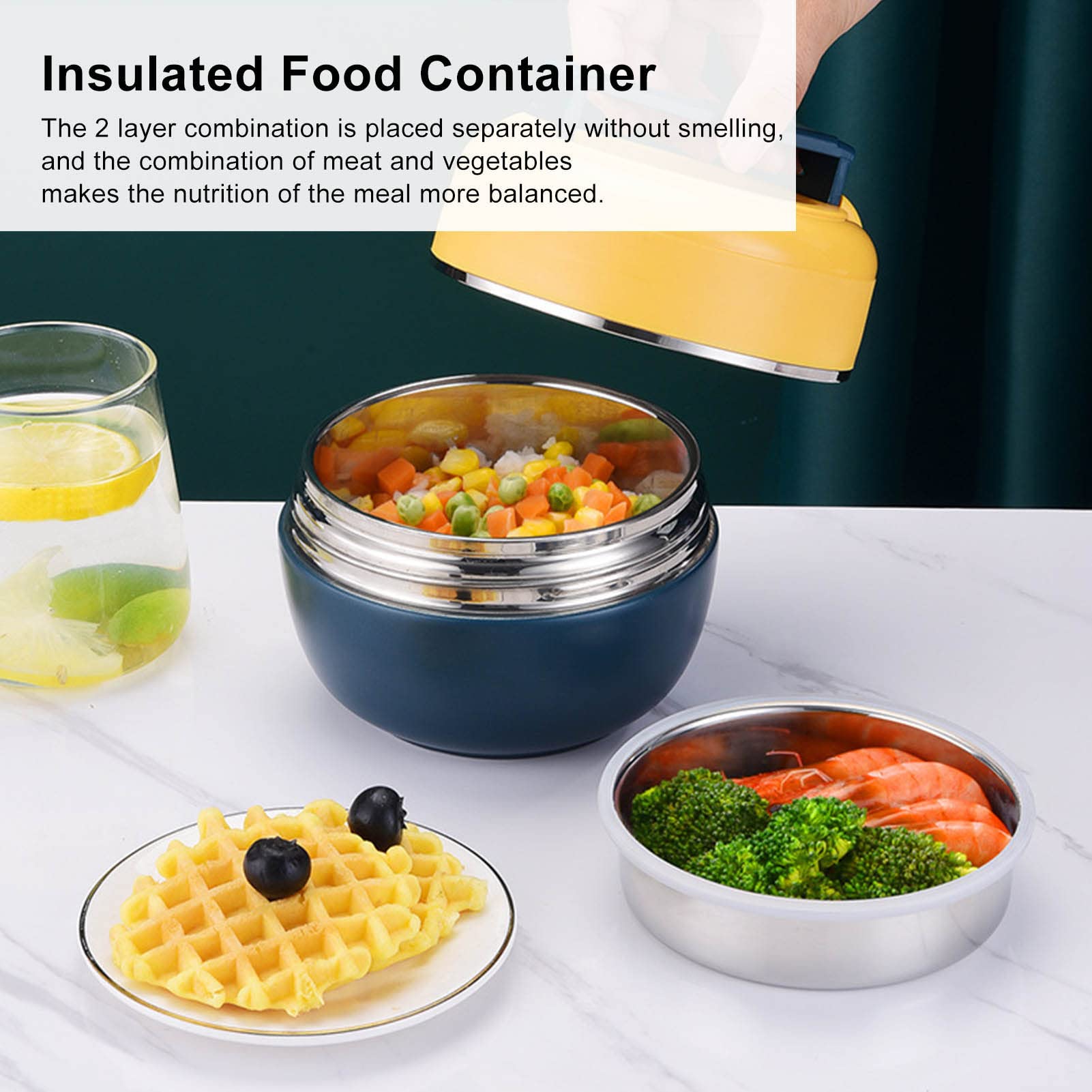Scatola da pranzo Lunch box termico in acciaio inossidabile, contenitori isolati a 2 strati, barattolo for alimenti sottovuoto, lunch box blu pavone