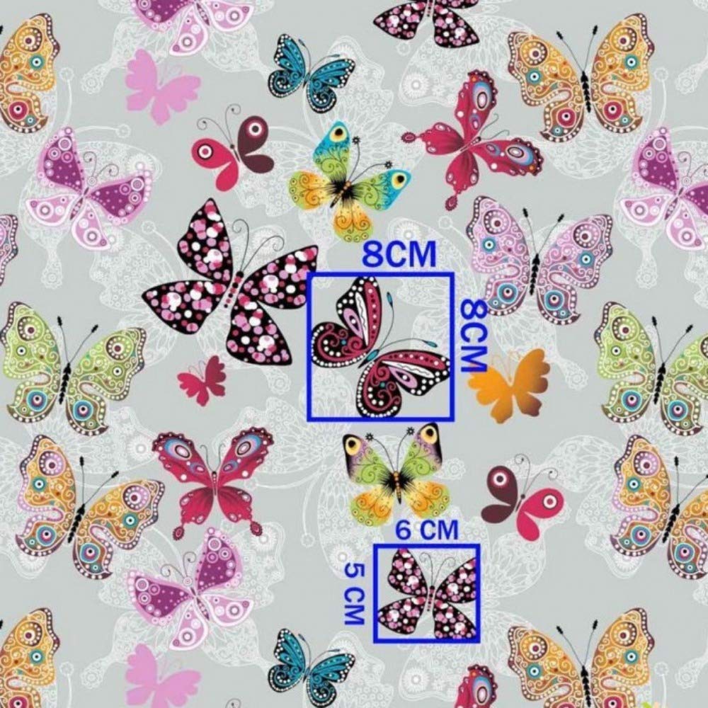 Motyl, 100% bawełna, tkanina bawełniana, dla dzieci, towar sprzedawany na metry, do szycia (kolorowy motyl na szarym tle 2, 300 x 160 cm)