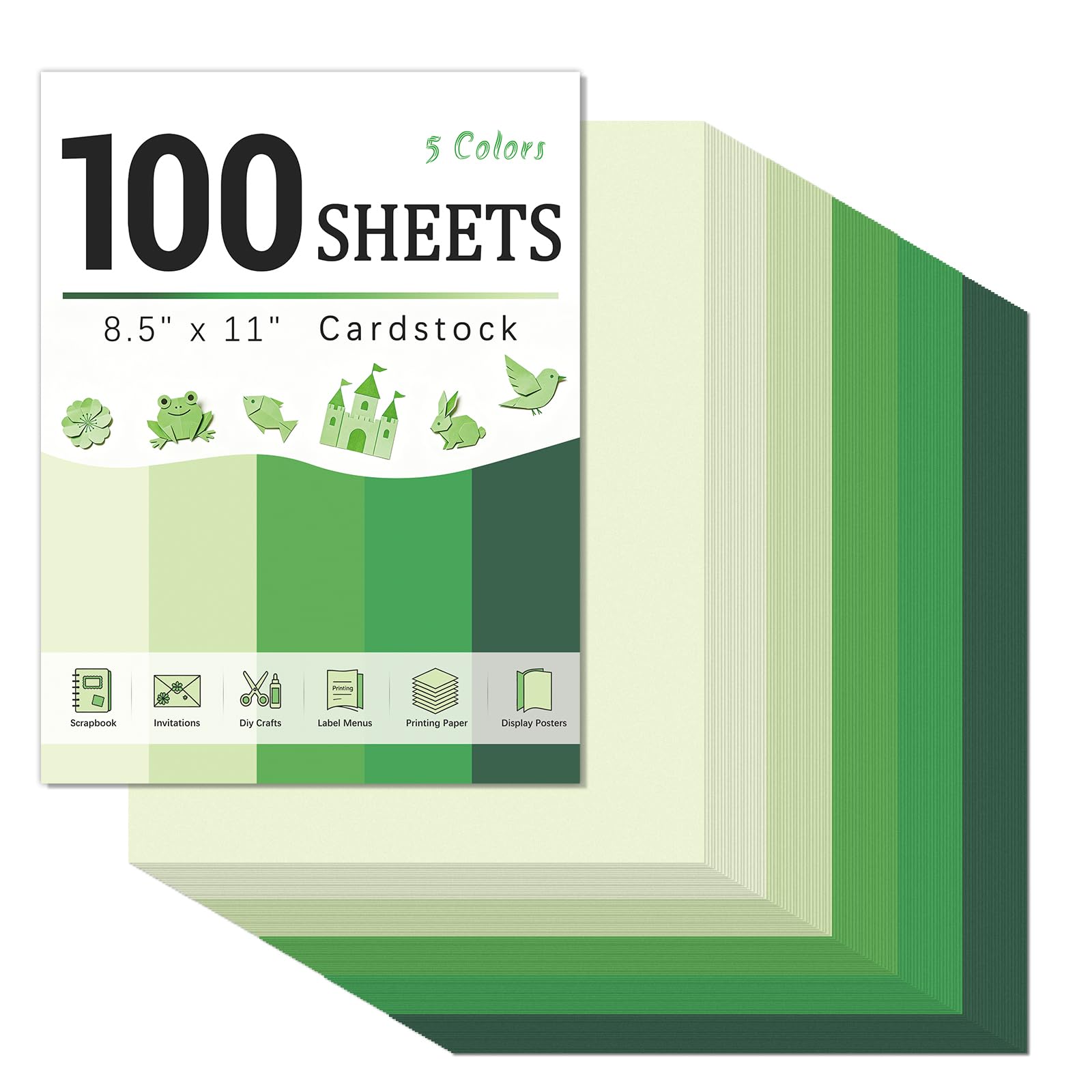 100 Sheets 180GSM Coloured Card A4, 5 Assorted Thick Green Card