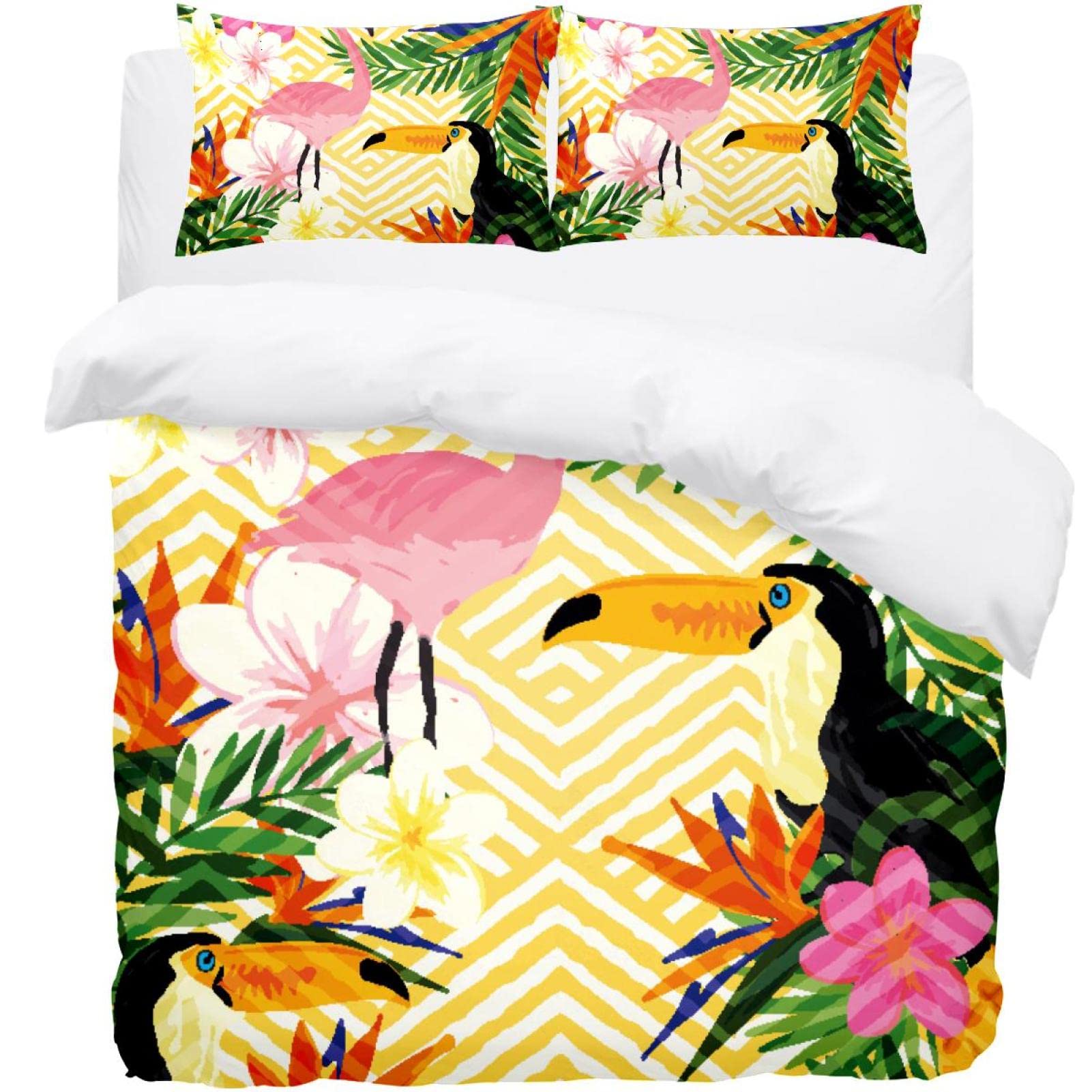 Parure de lit flamants roses avec housse de couette et taies d'oreiller pour lit king size et simple