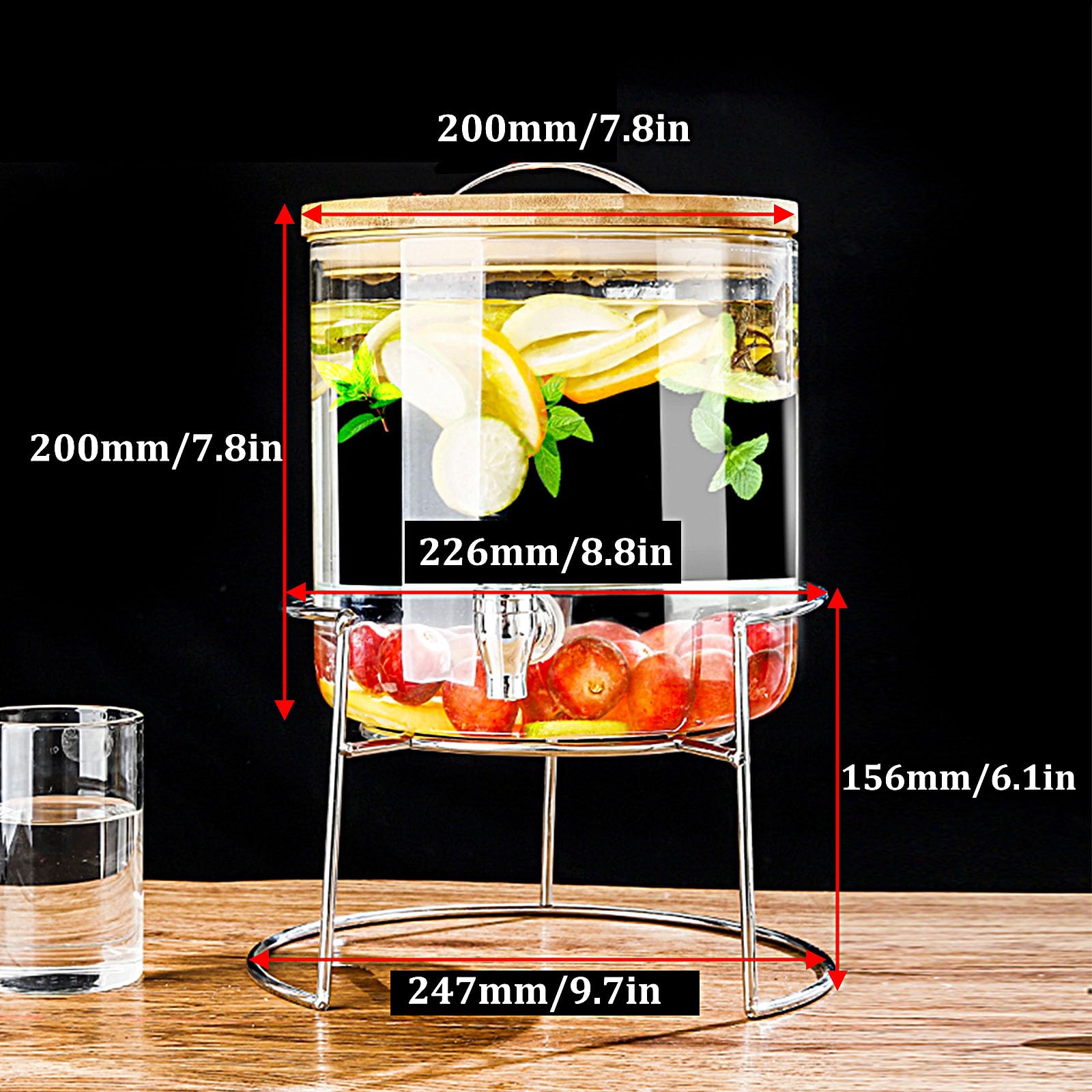 Glaskaraffe,Getränkespender - Zapfhahn Aus ABS Und Sockel Mit Bezug Aus Bambus - Wasserspender Glasbehälter Für Kalte Getränke,Für Kalt & Heiß Wasser Eistee Kaffee Milch Saft,Abs Faucet,5L
