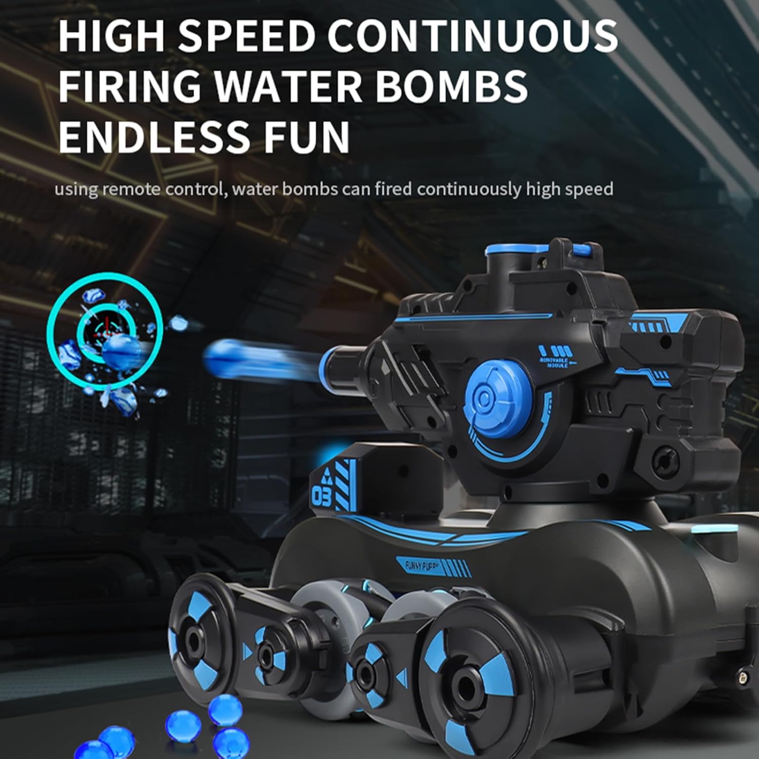 The RC tank continuously firing water bombs, illustrating the high-speed shooting feature.