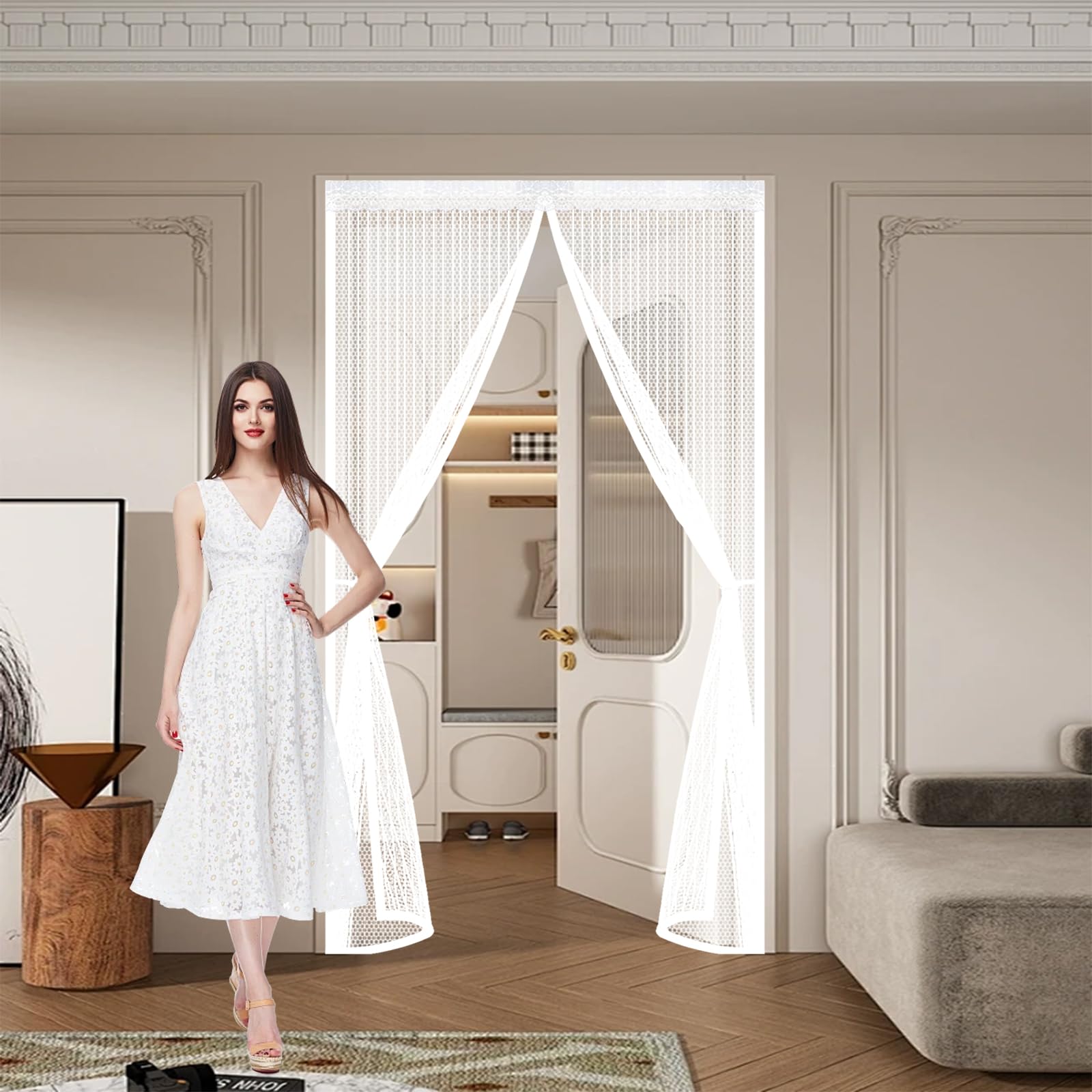 Magnetic Screen Door 145 x 185 cm Keep Bugs Out, Full Frame Magic Tape, Powerful Magnets, Self Sealing, No Drill Installation, Magnetic Insect Door for Balcony Bedroom Doors, White