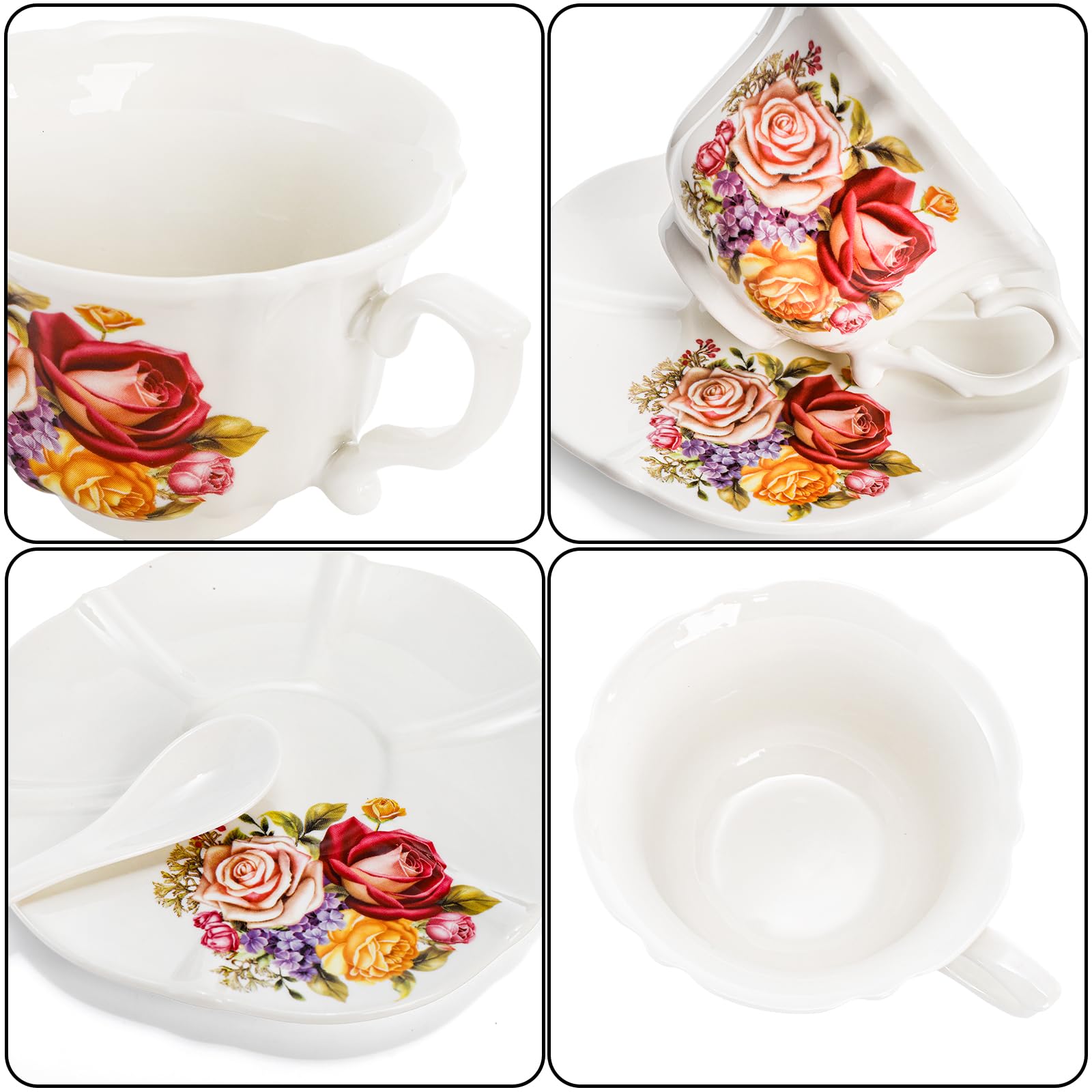 Set Of 2 Tea Cup And Saucers, 8 Oz Floral Tea Cups With Gold Trim And Spoon, Porcelain British Coffee Cups, Cappuccino Espresso Latte Cup