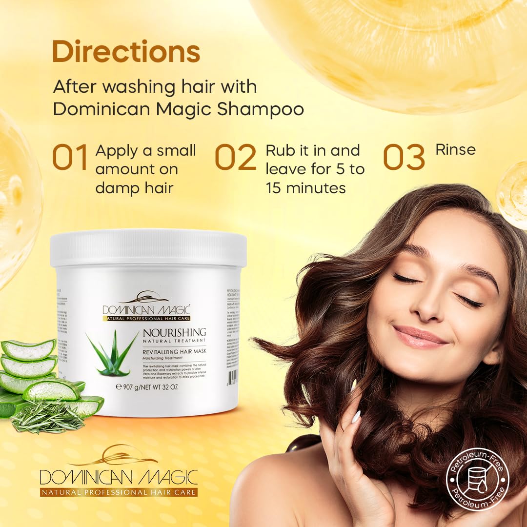 Dominican Magic Nourishing Revitalize Moisturizing Hair Mask with Aloe Vera & Rosemary Extract - Hair Treatment for Damaged and Frizzy Natural Hair, 32 oz