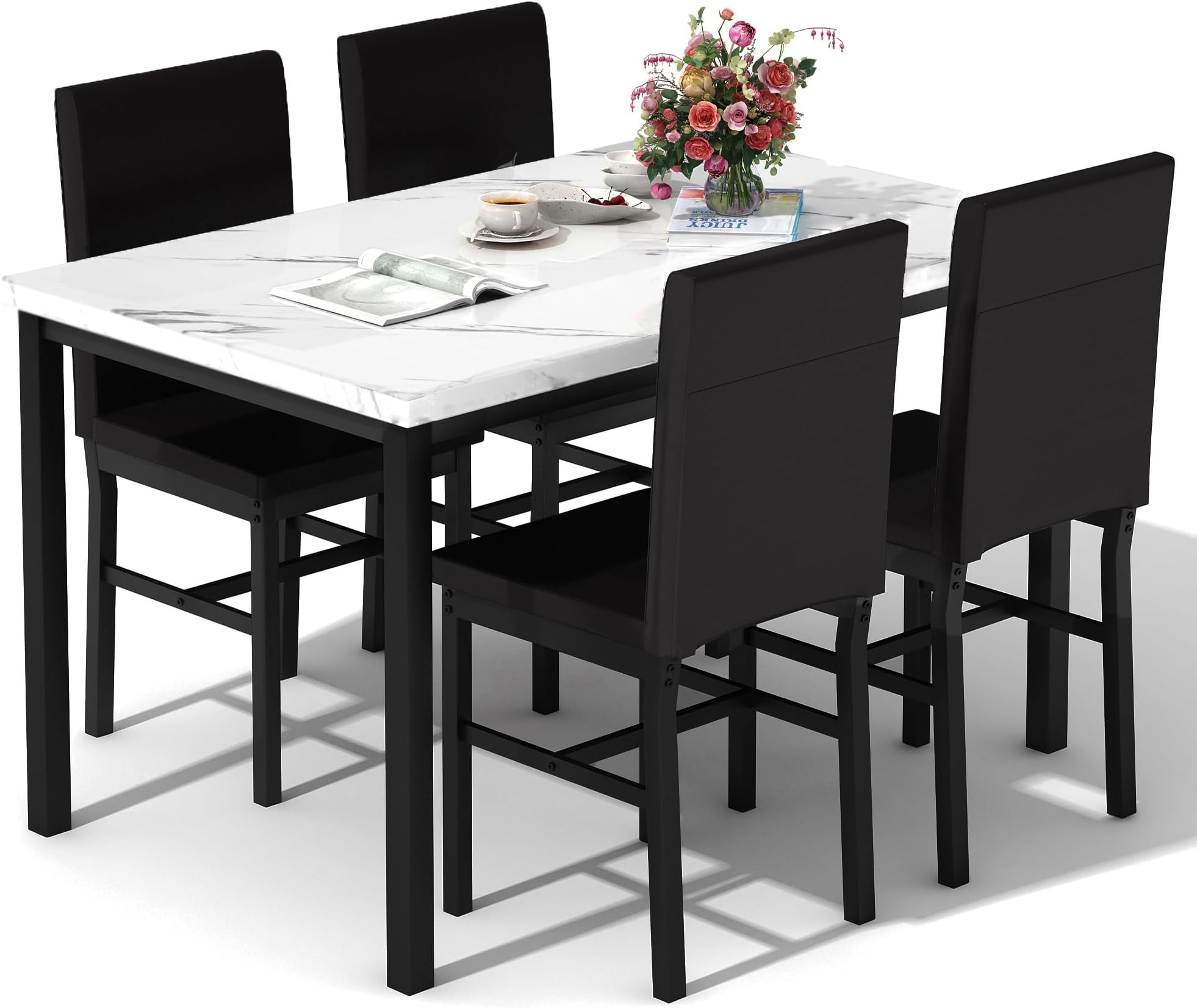 DKLGG Dining Table Set for 4, Modern Kitchen Table and Chairs Set with 4 PU Leather Chairs, Space-Saving Dinette Dining Room Table Set for Small Space Home Kitchen, Restaurant, White+Brown