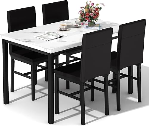 DKLGG Juego de mesa de comedor para 4, modernos juegos de cocina y comedor, mesa de mármol sintético con 4 sillas de cuero para espacios pequeños,