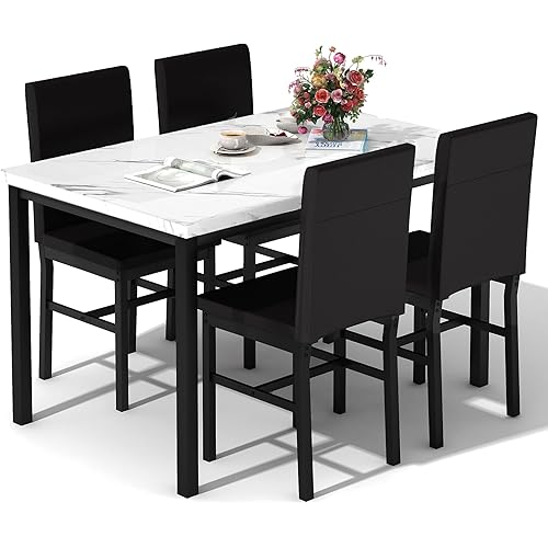DKLGG Dining Table Set for 4, Modern Kitchen & Dining Room Sets Faux Marble Table with 4 Leather Chairs for Small Space, Home Kitchen, Apartment, White