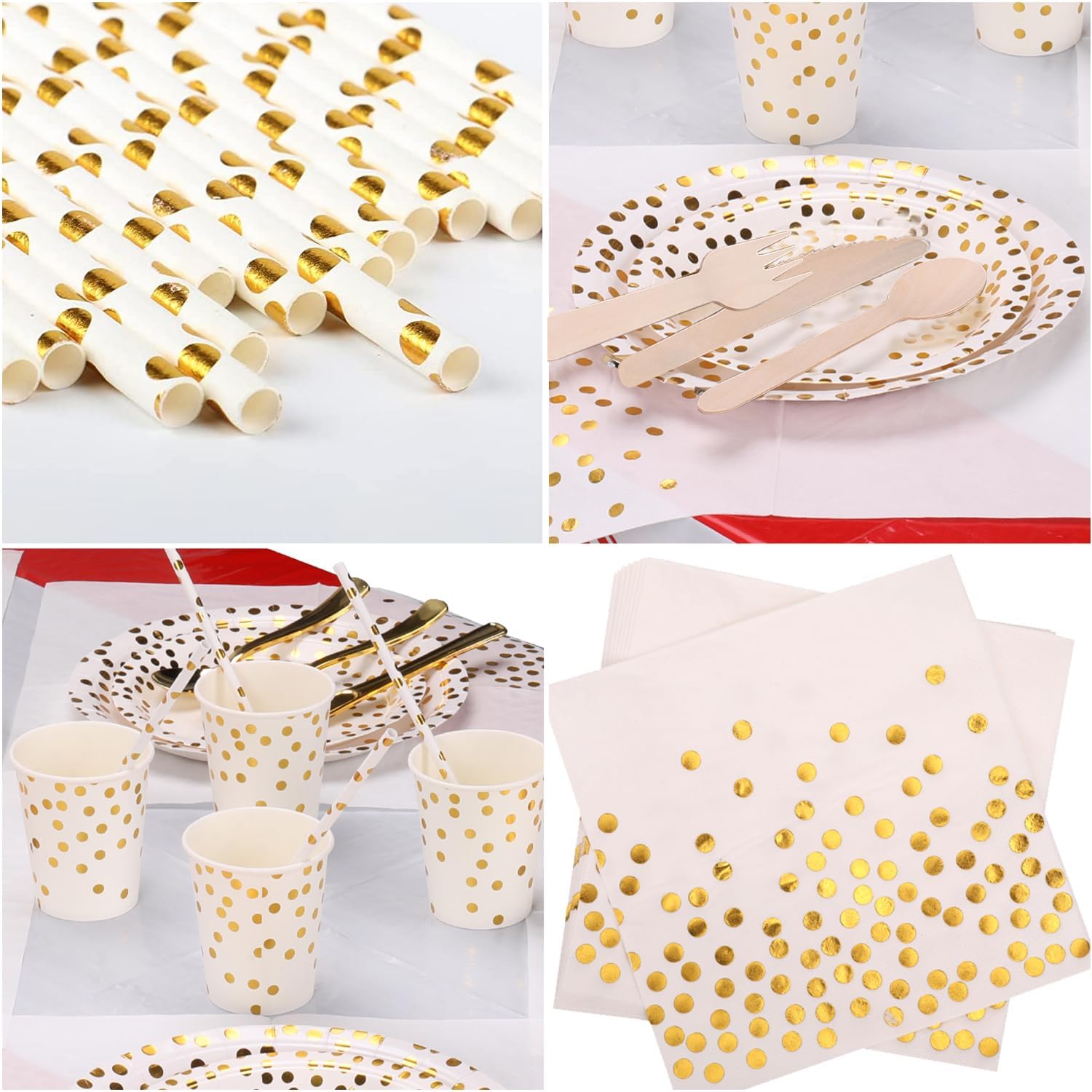 WedDecor 80pcs Paper Tableware Sets, Round Disposable Paper Straws, Plates, Cups & Napkins, Perfect for Picnics, BBQ, Birthday, Baby Shower, Wedding & Christmas Events, Midnight, White