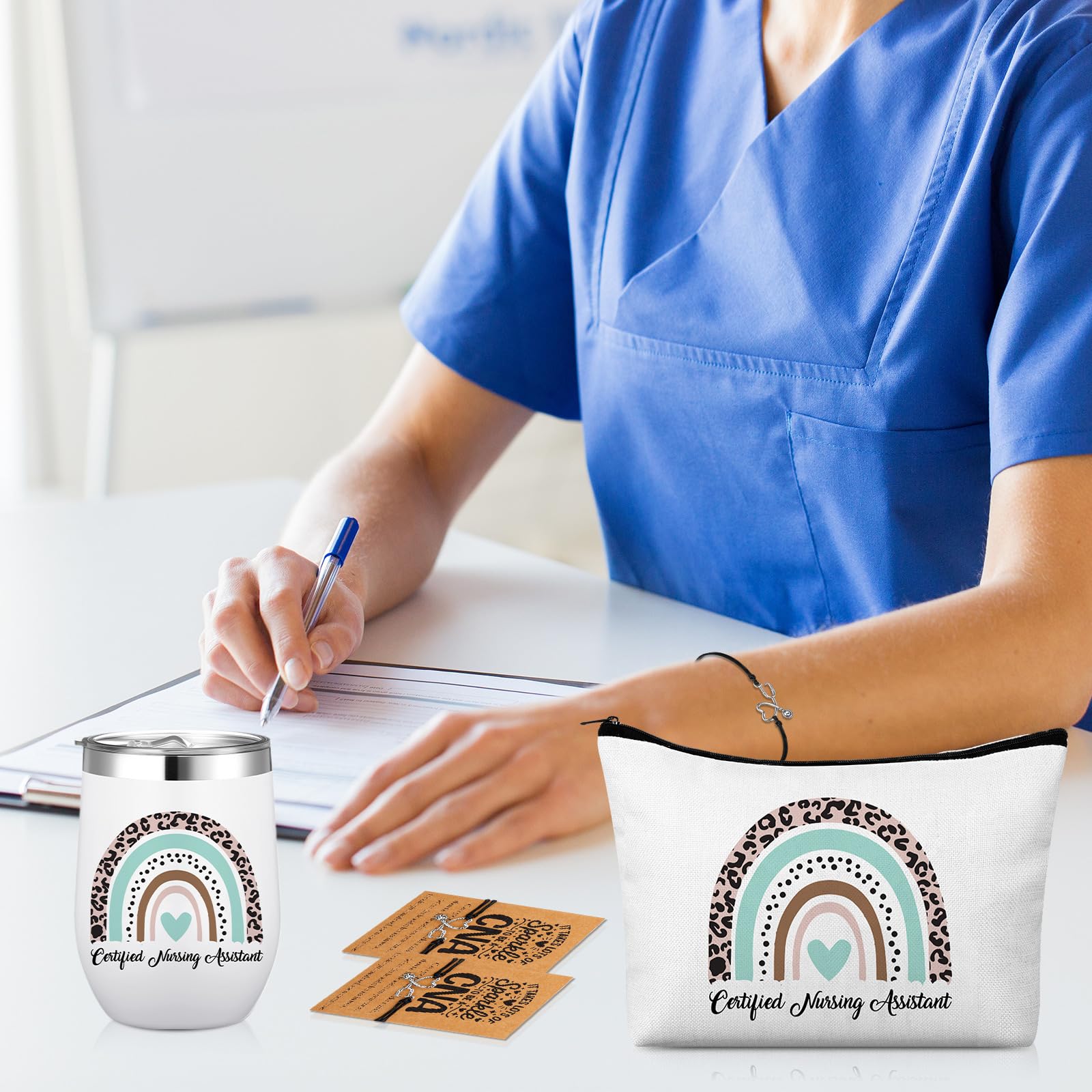 Maxcheck 16 Pcs Cna Week Gifts Set Include Tumbler Cosmetic Bag Keychain Bracelets and Cards for Cna Rn Nursing Student Graduation Office Essentials Nurse Week Appreciation Gift
