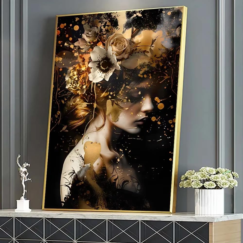 DFZEWKI Abstract Black and Gold Floral Woman Canvas Painting Flower Portrait Poster Print Wall Art for Modern Home Decor(70x100cm(28x39in)/No frame)