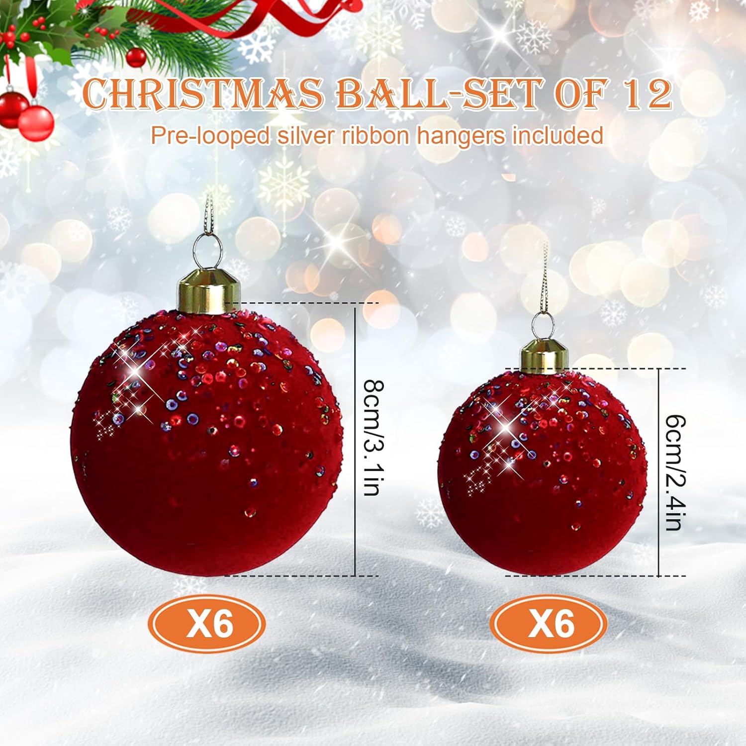 12 Pcs Velvet Glass Christmas Balls Ornaments 2.4 & 3.1 Inch Burgundy Red Tree Ornaments Flocked Christmas Hanging Balls Decorative Antique Red Ball for Xmas Holiday Party Fireplace Decor