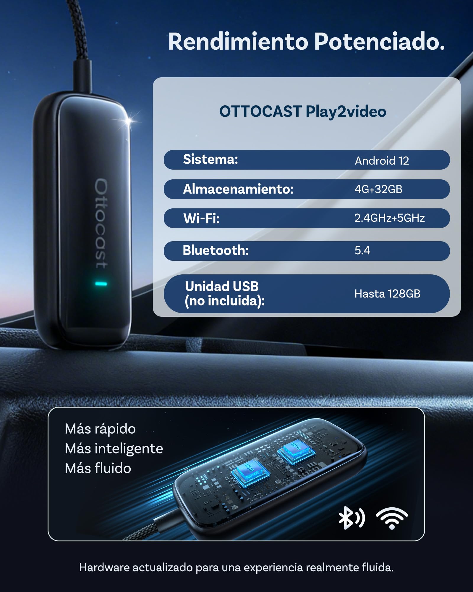 OTTOCAST Play2Video Ultra 2026 Upgrade Adaptador CarPlay Inalámbrico, Android Auto Dongle, Bluetooth 5.4, Soporte Netflix Youtube, USB Y Cable Incluido, Compatible con CarPlay de fábrica