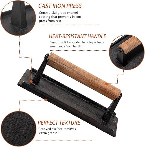 Miniatura 2 de Prensa de parrilla de hierro fundido, prensa de hamburguesa resistente con mango de madera, 8.26 x 4.25 pulgadas, prensa para sándwich, prensa de