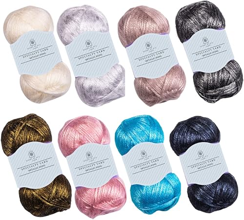 Miniatura 3 de Paquete de 2 hilos metálicos brillantes, voluminosos, de lana, sedosos, suaves y brillantes para tejer y hacer ganchillo, total de 7.05 oz  1,509.2