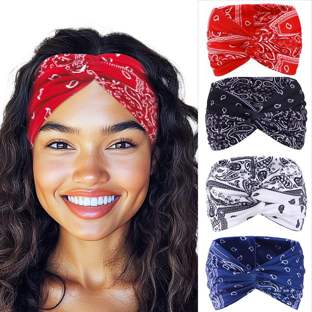 Urieo Boho opaski na głowę ze stretchem paisley nadruk bandana opaska na głowę krzyżowe opaski do włosów wiązane opaska na głowę joga na co dzień dla kobiet i dziewcząt (opakowanie 4 szt.) (A)