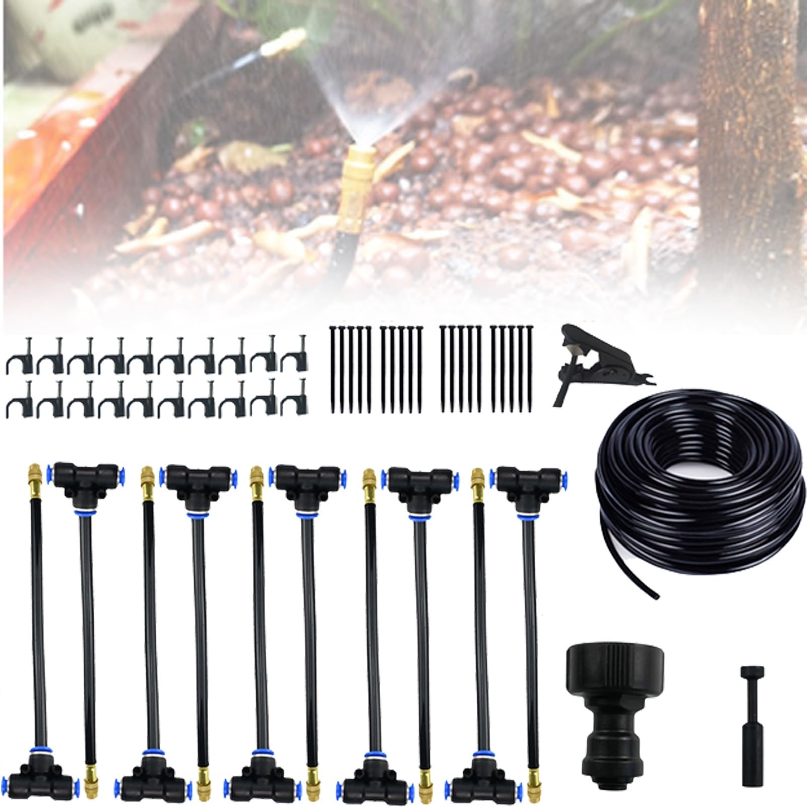 Kit De Riego por Goteo Actualizado Sistema De Riego De Jardín De 10M, Kits De Riego Automático For Patio De Invernadero con Conector Roscado De Latón De Doble Vía (Color : Black, Size : 10m)