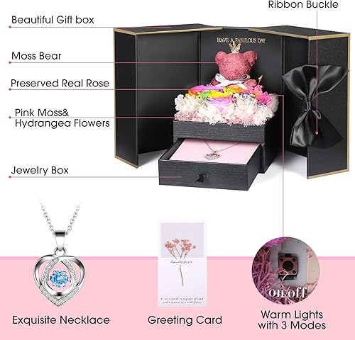 Miniatura 162 de ADDWel Rose Gifts for Women - Preserved Real Roses Forever Purple Flowers with I Love You in 100 Languages Necklace and Cute Moss Bear for