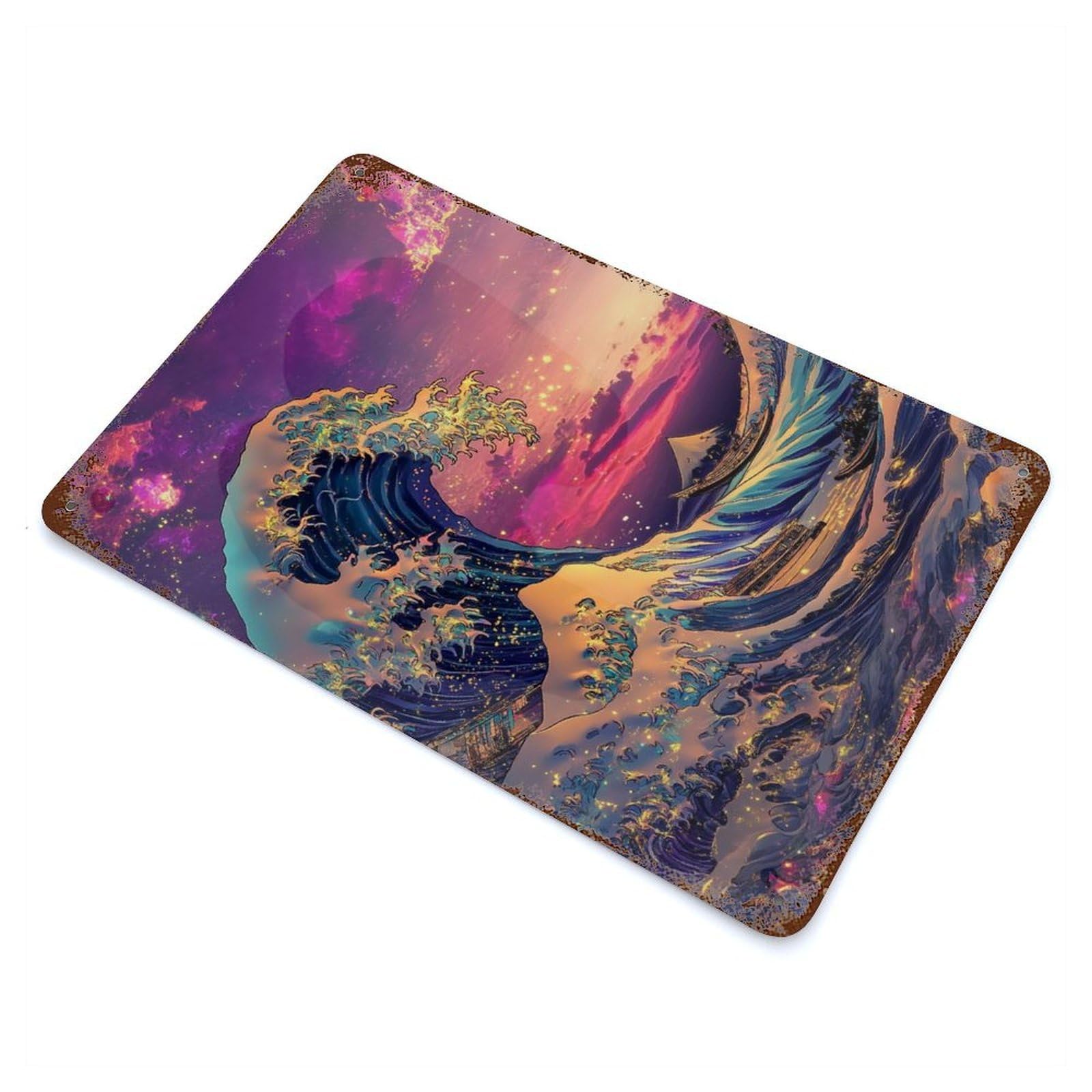 The Great Wave Synthwave Artwork Rust Effect Tin Sign 11.8"x7.9", Industrial Home Decor for Garage, Bar And Workshop Decor