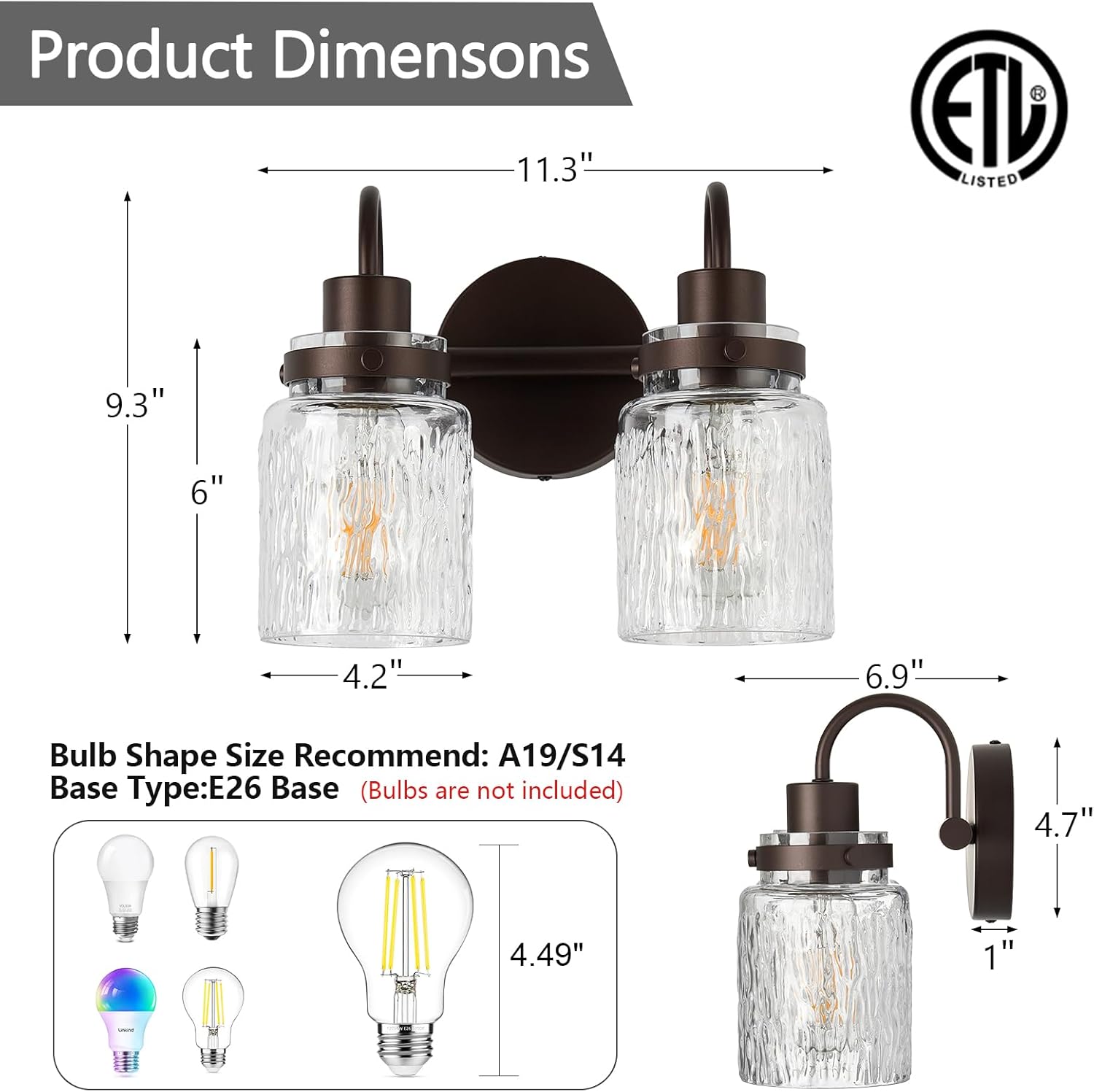 2 Lights Bathroom Vanity Light, Oil Rubbed Bronze Bathroom Light Fixtures with Hammered Glass Lampshade for Dressing Table,Over Mirror,Hallway